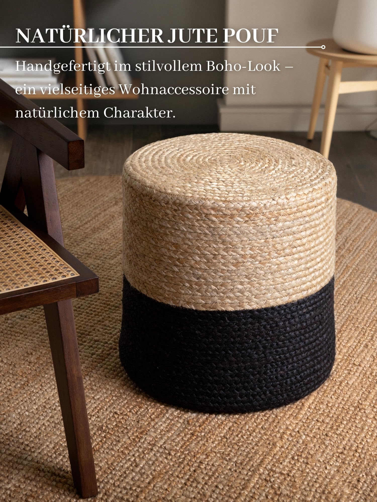 Hanse Home Jutta Pouf in iuta naturale, forma cilindrica in stile bohémien, sgabello, pouf, pouf per soggiorno, sala da pranzo, corridoio - oro naturale, nero, 40 x 40 x 40 cm