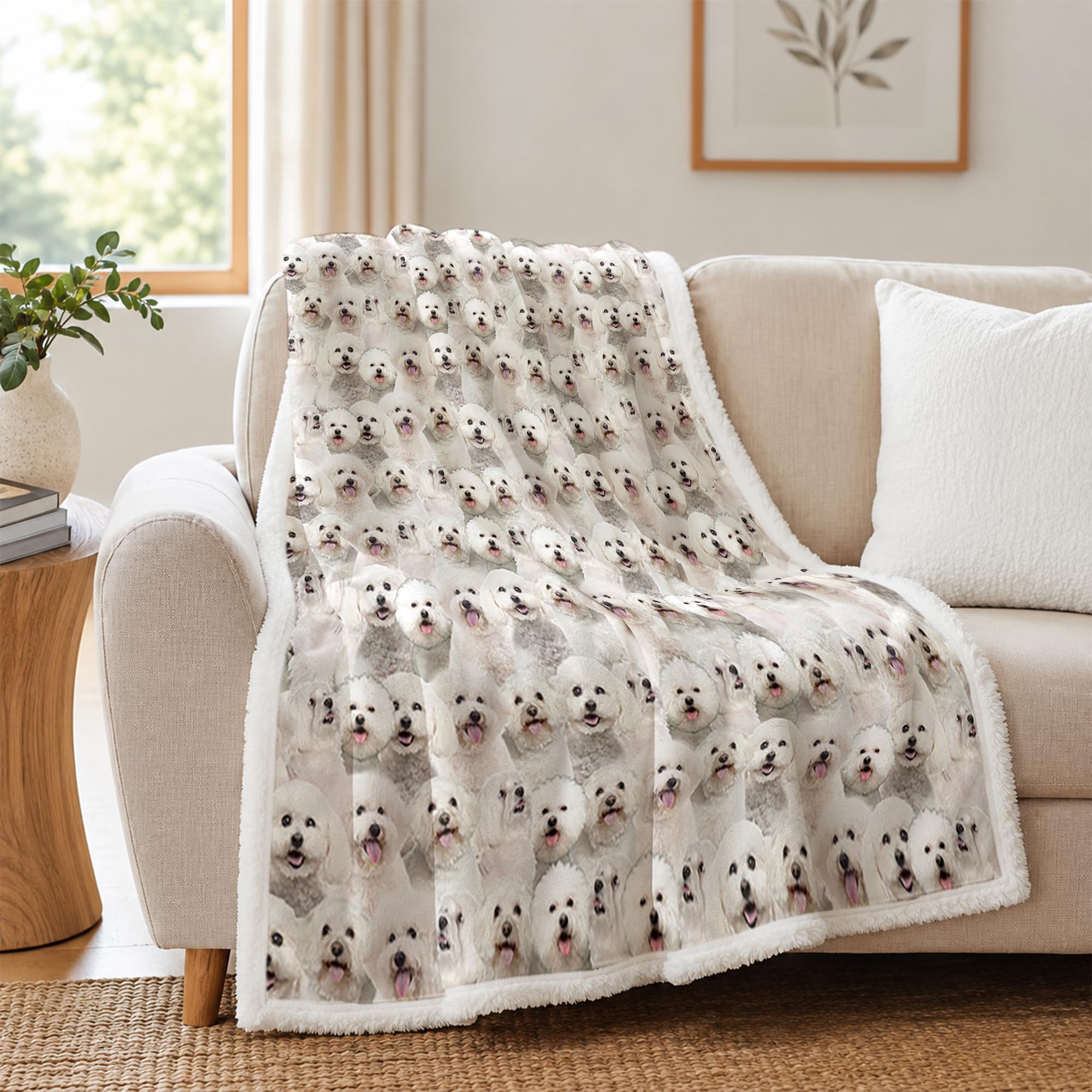 Blessliving Bichon Frise Fuzzy Dogs Blanket For Kids Adults Cute Puppy Fleece Blanket Reversible Animal Pattern Sherpa Throw Twin/Double (,150X200cm)
