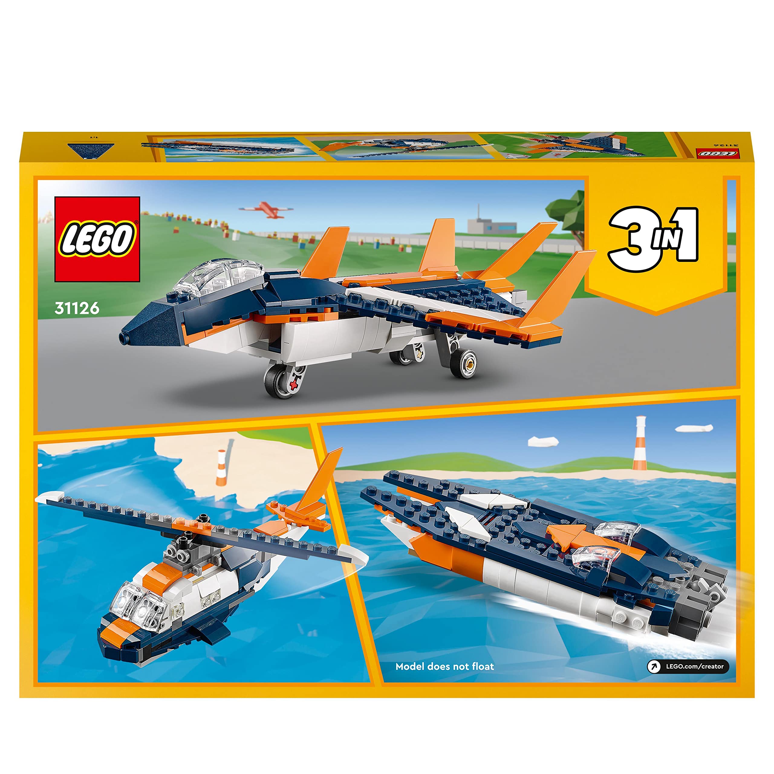 LEGO Creator 3 in 1 Jet Supersonico, con Aereo, Elicottero Giocattolo e Motoscafo, Giochi Creativi con le Costruzione per Bambini e Bambine 31126