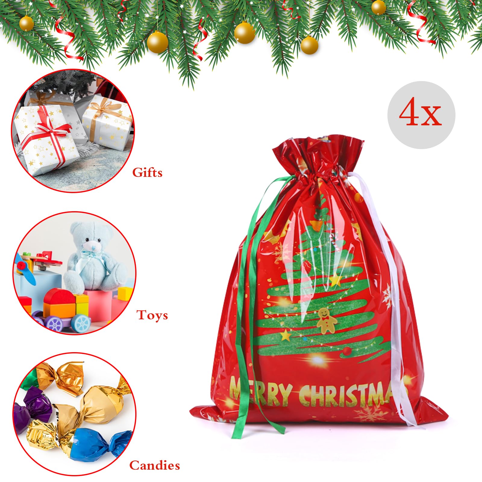 Christmas Drawstring Gift Bags 12Pcs Xmas Wrapping Bags Medium Small