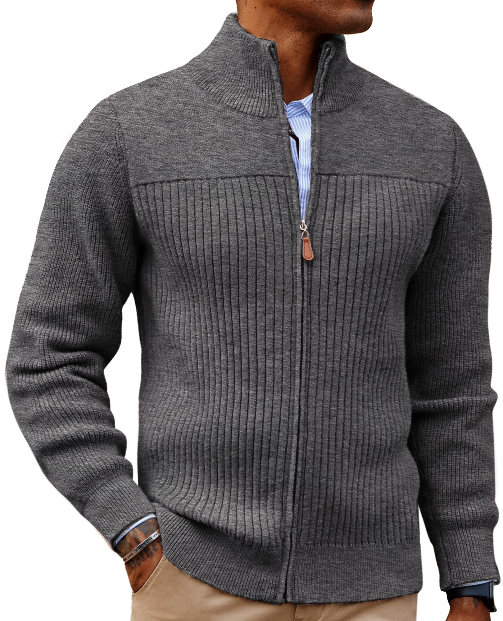 pj paul jones Men's Full Zipper Cardigan Casual Stand Collar Cardigan Sweater Ribbed Knit Long Sleeve Sweater, Dark Gray, Large-picture-34