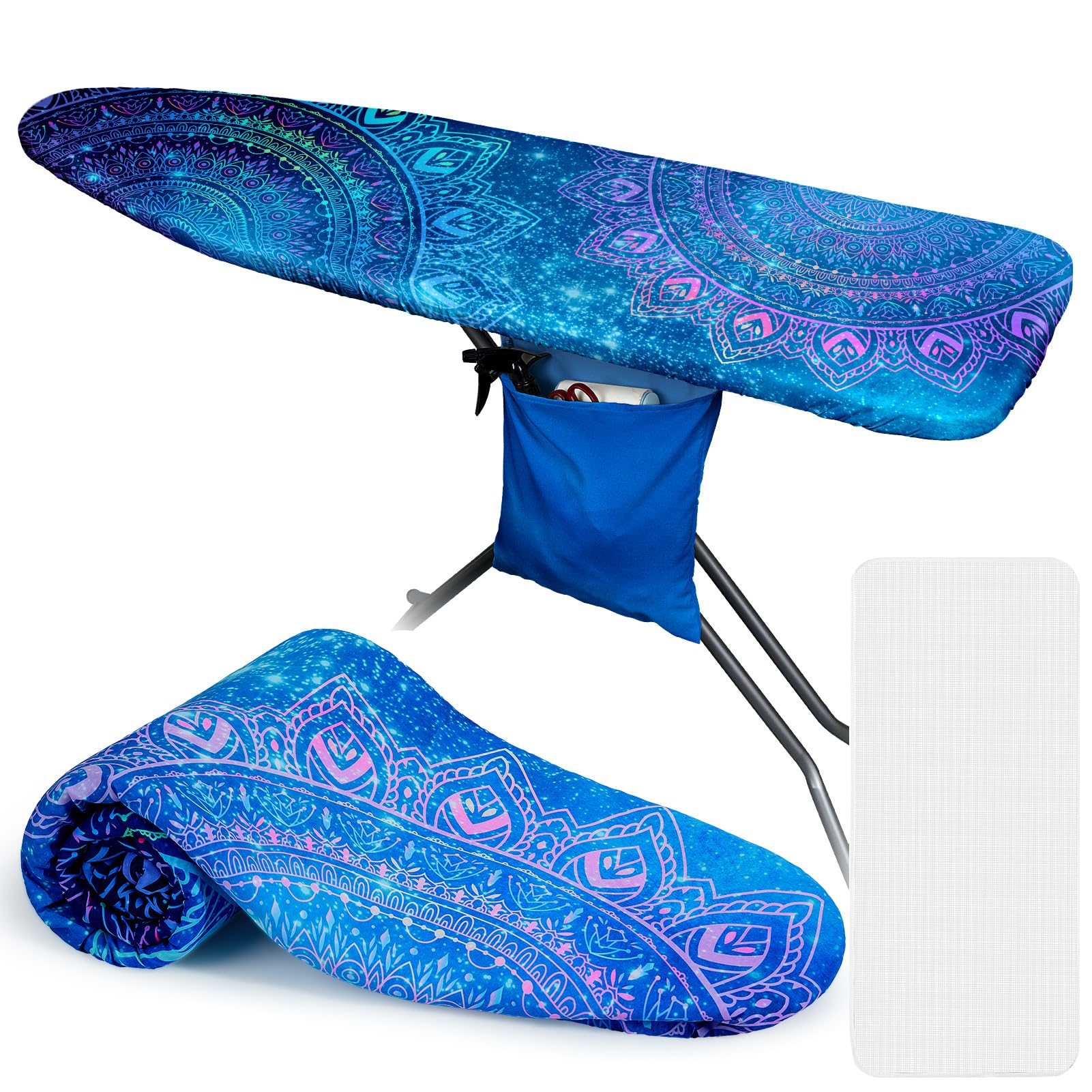 FIOBEE Ironing Board Cover and Pad Extra Thick Iron Board Pad with Heat-Resistant Mesh Padded Iron Board Covers Adjustable Buckle & Elastic Edges for 15x54 Standard Size Ironing Board, Blue Mandala