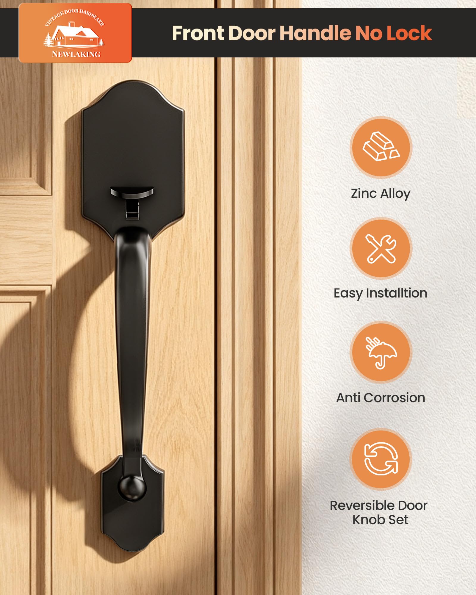 Manija de puerta delantera con perilla reversible, negro mate, aleación de