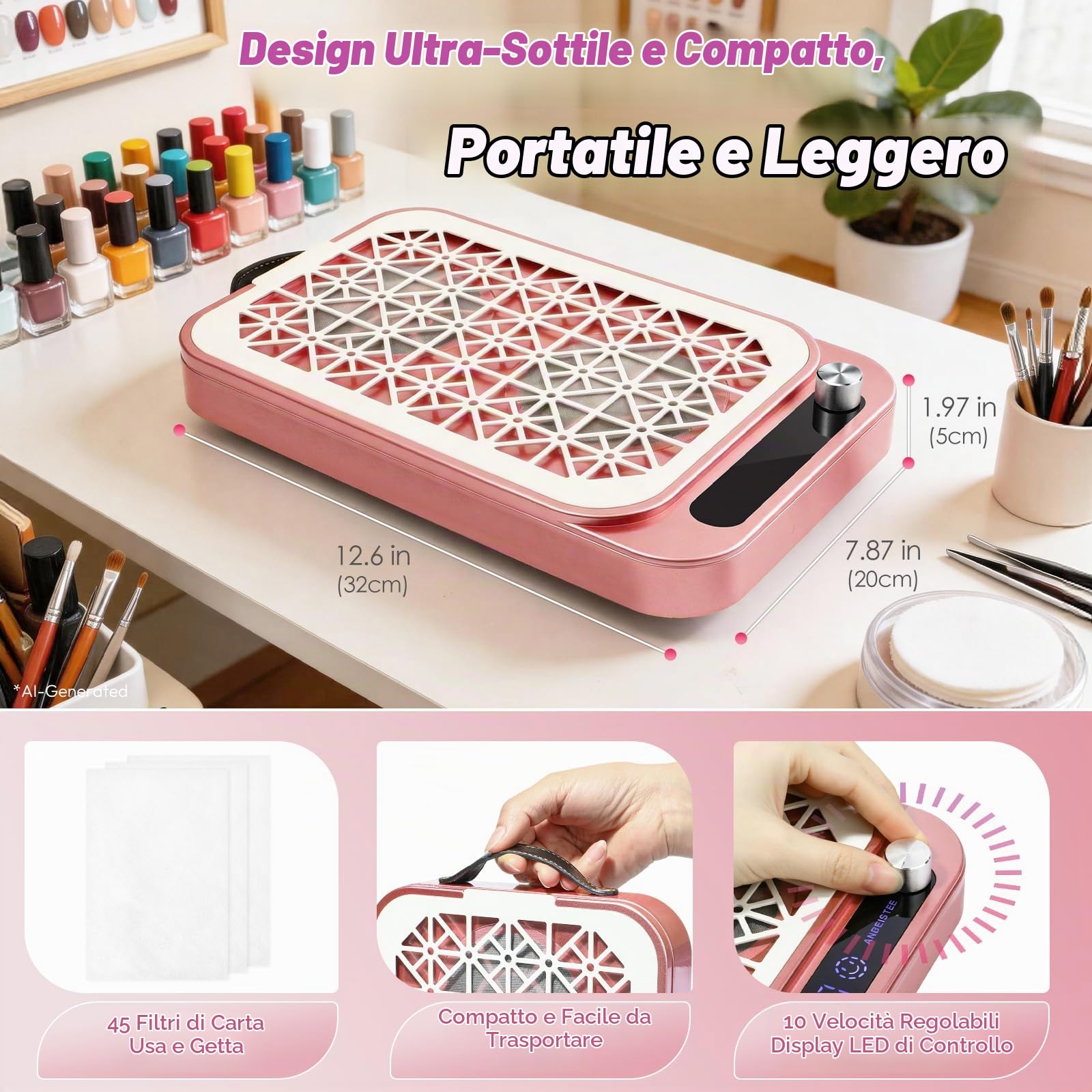 Collettore Polvere Unghie, 2000PA Professionale per Collettore di Polvere Unghie Tecnologia Unghie, con 45 Fogli di Filtro Monouso, per Manicure a Salone Unghie & Home DIY, Rosa