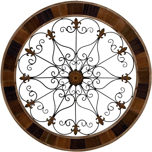 Deco 79 Decoración de pared de desplazamiento arábigo de madera con alivio de flor de lis, 35 x 1 x 35 pulgadas, marrón