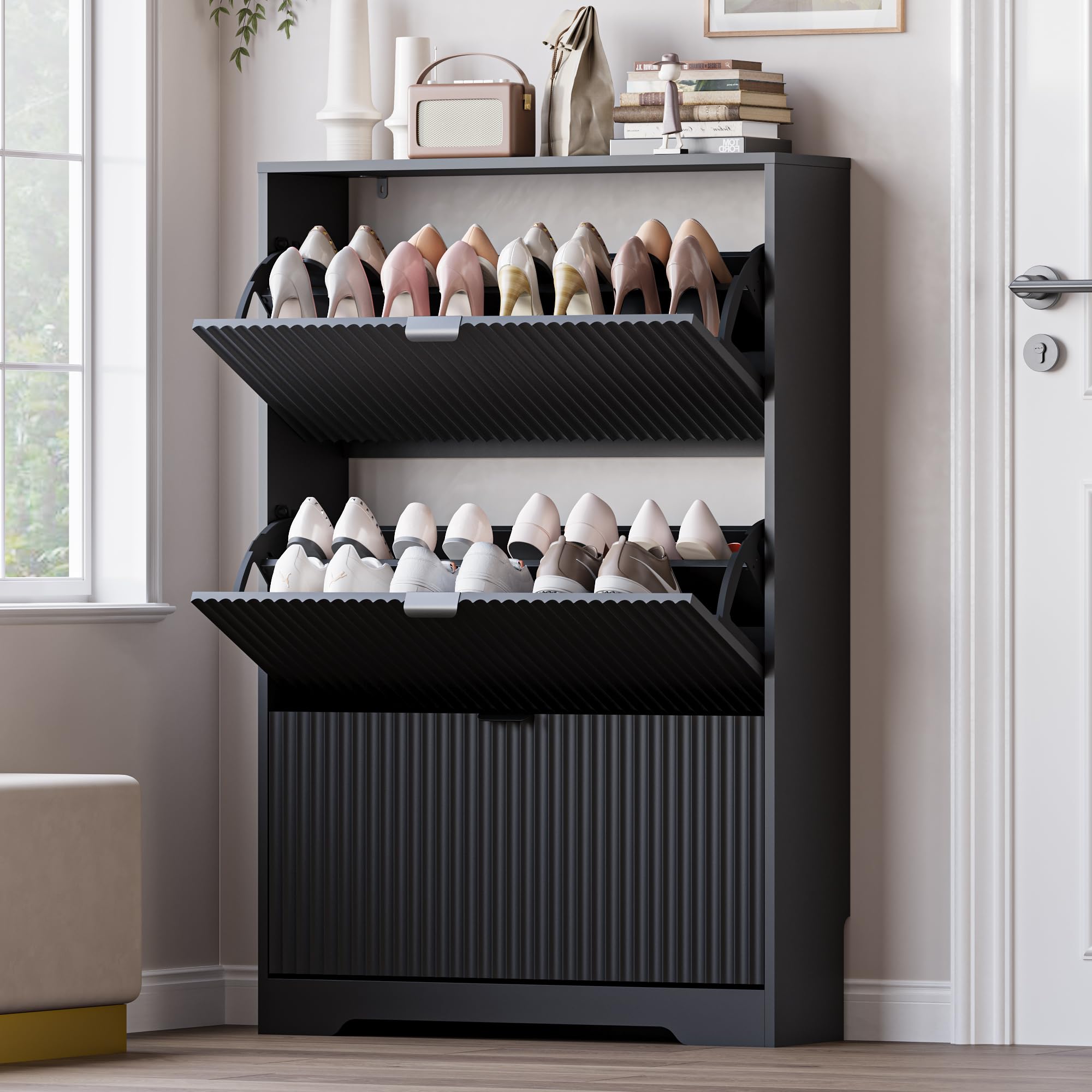 BORNOON Entryway Shoe Cabinet with 3 Flip Drawers, Narrow Shoe Organizer Cabinet with Fluted Panel and Adjustable Shelves for Foyer, Hallway