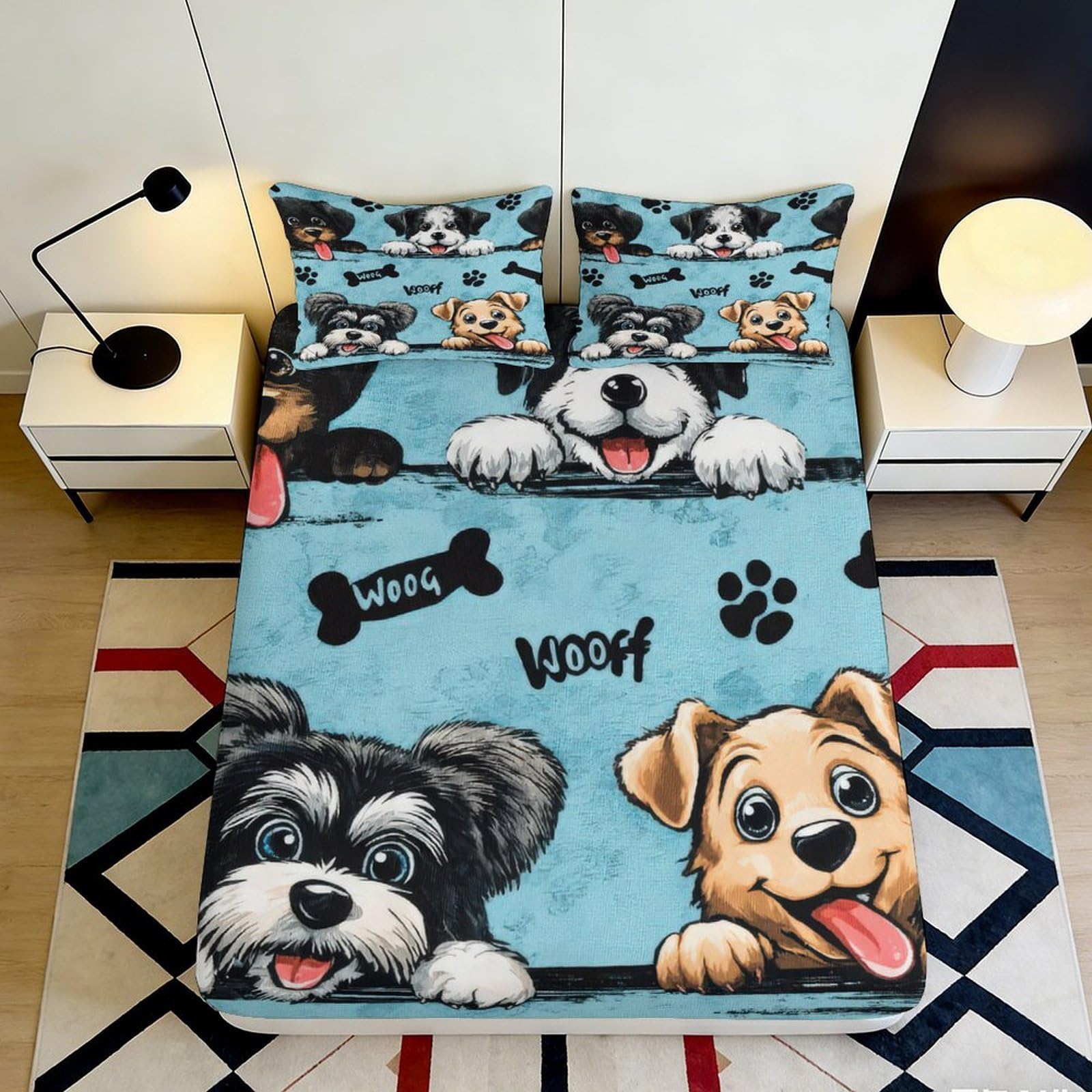 3D Printed Dog Pattern Fitted Sheet Microfiber Non-Slip Deep Pocket Dogs Mattress Fitted Cover for Bedroom 200x200x25cm 90x200x25cm