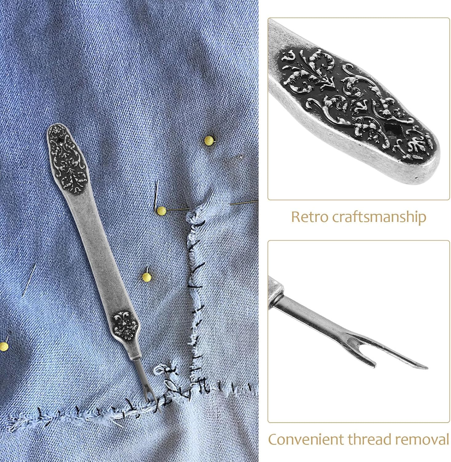 WOONEKY Heavy Duty Seam Ripper for Sewing Projects with Vintage Aesthetic Alloy Material and Easy to Grip Handle, Silver Thread Remover Tool with Protective Head for Home Use