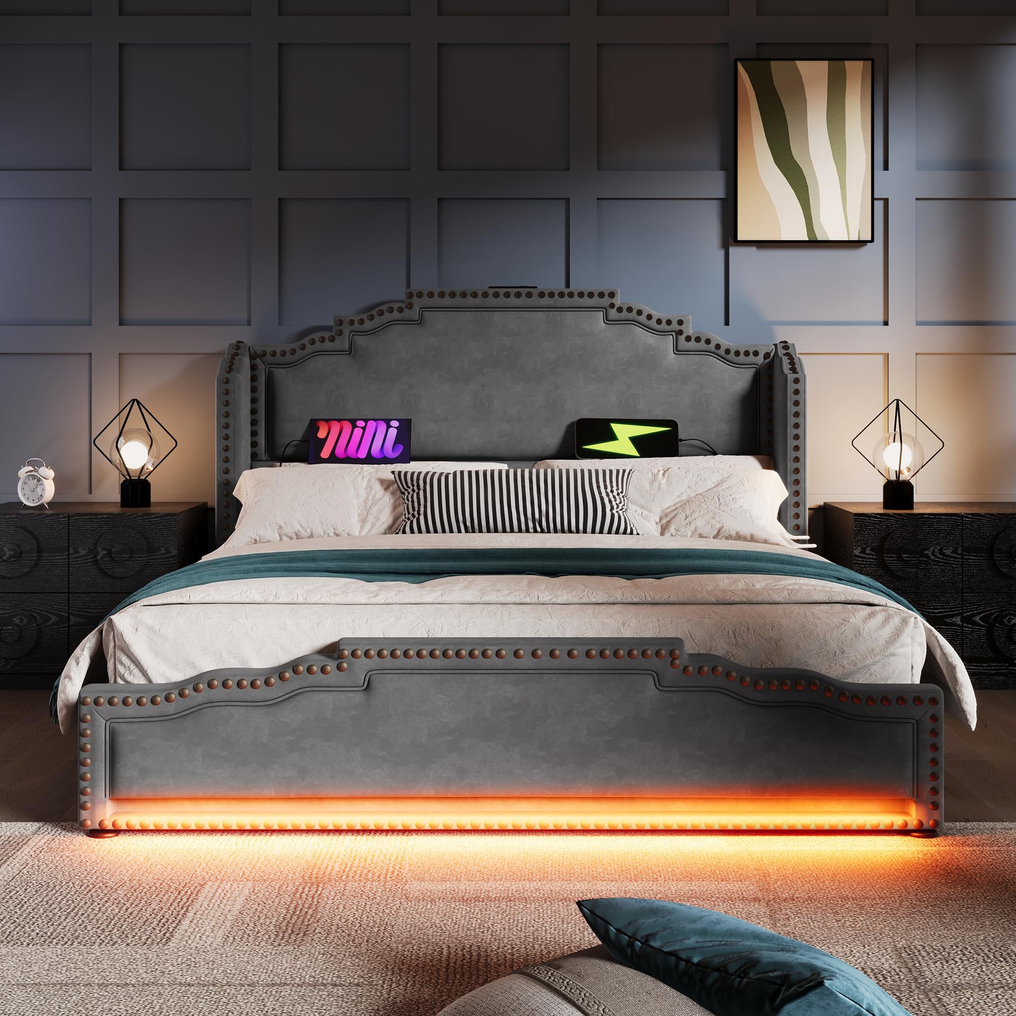 Merax Polsterbett 180x200cm Doppelbett Bettrahmen mit 4 Schublade, Gepolstertes Bett mit LED & USB-C-Ladeanschluss, Stauraumbett Funktionsbett mit Lattenrost, Samt, Retro-Stil, ohne Matratze, Grau