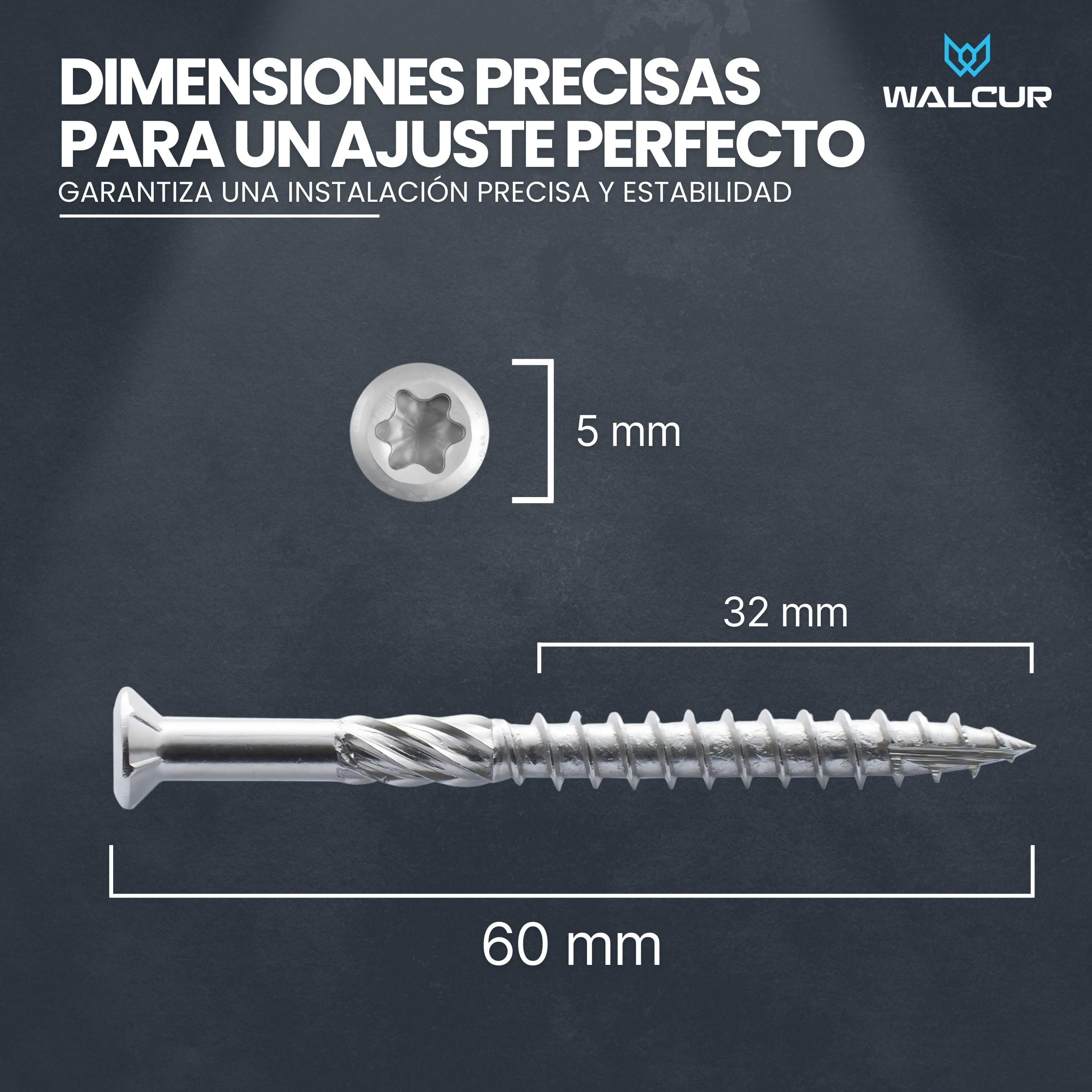 WALCUR Tornillo Para Terraza 5.0 x 60mm Tornillo Para Tarima de Acero Inoxidable Autoperforante Paquete de 1000 Unidades con 2 Bits Torx y 1 broca, juego de tornillos para madera de alta resistencia.