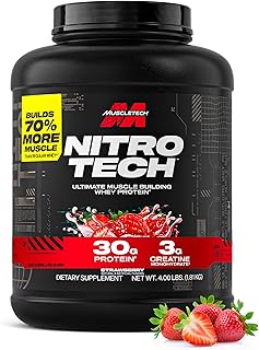 MuscleTech Nitro-Tech - Proteína aislada y péptidos de suero de leche en polvo + creatina p/ganancia y construcción muscular p/hombre y mujer, nutrición deportiva (fresa, 4 libras, 40 porciones)