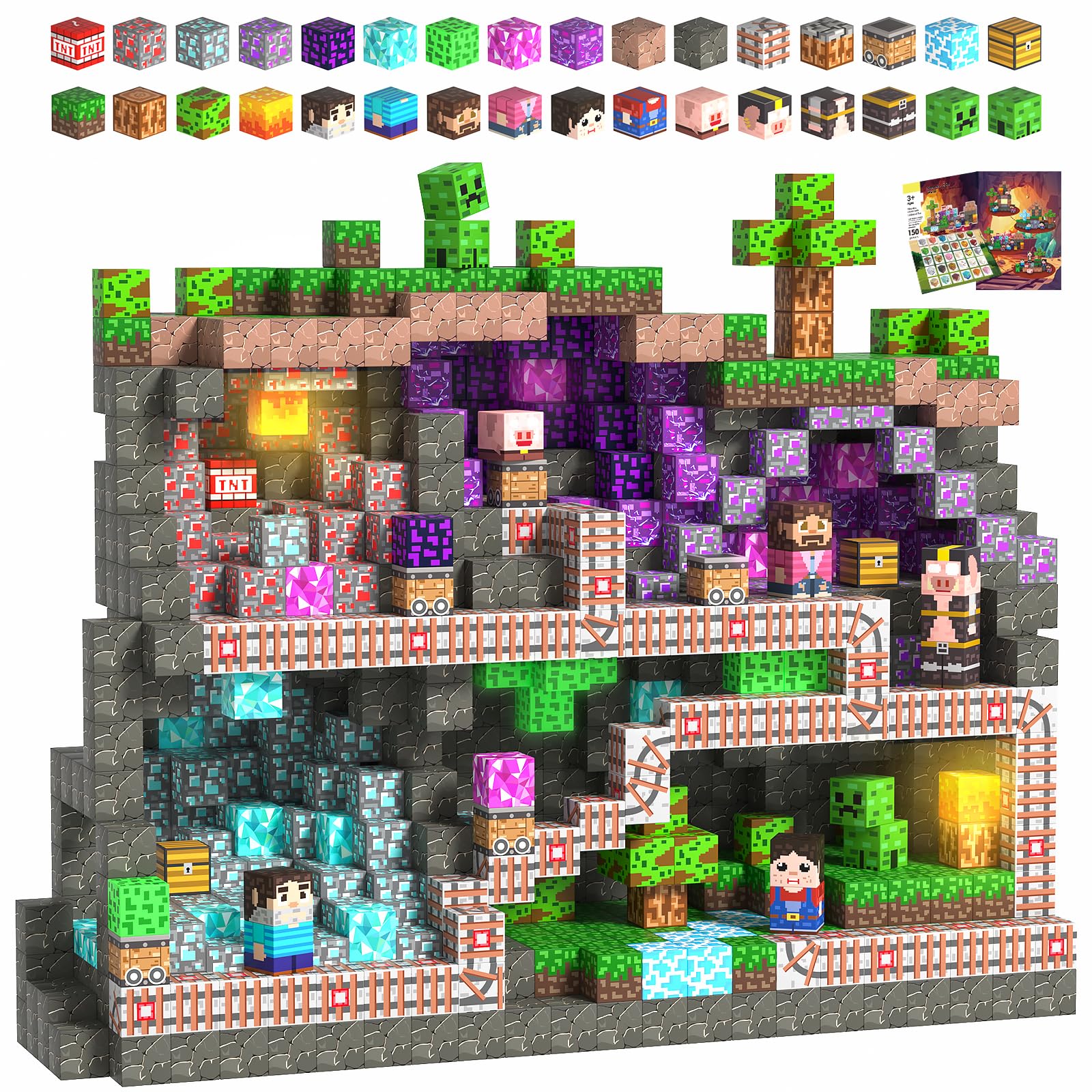 Magnetische Bausteine Bauspielzeug 150 Pcs Magnetbausteine für Kinder Montessori Kreative Spielzeug ab 3 4 5 6 7 8 9 10 Jahre Junge und Mädchen Magnetic Blocks Geschenke für Kinder（Bergwerksschlacht）