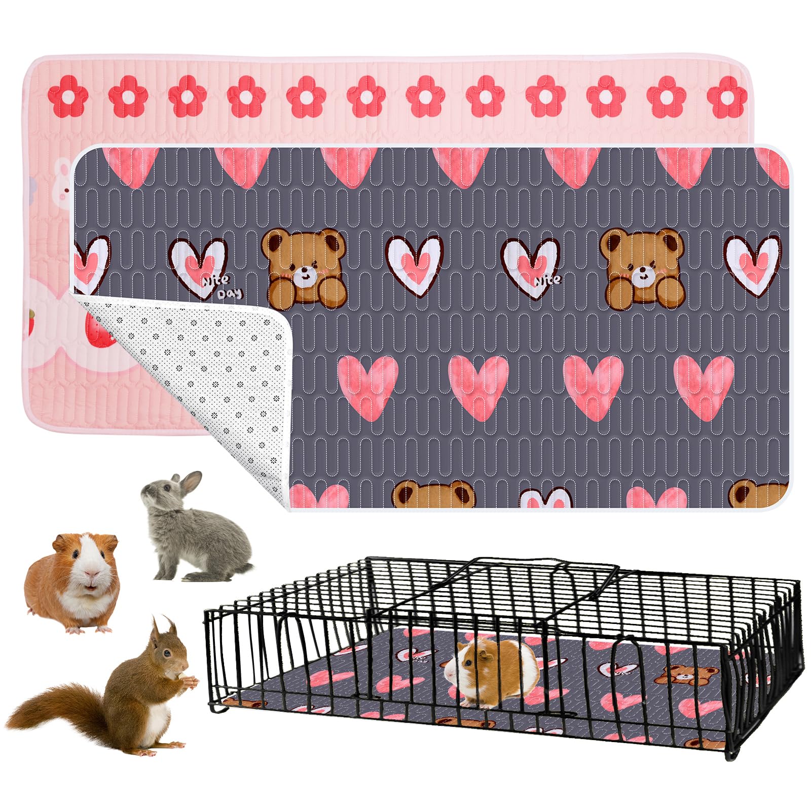 2 Pack Guinea Pig Pee Cage Pads Waterproof Absorbent Bunny Hamster Bedding Chinchillas Puppy Pee Pads Whelping Box Mats for Cat Small Animal Dog 61X120cm/ 24X47"