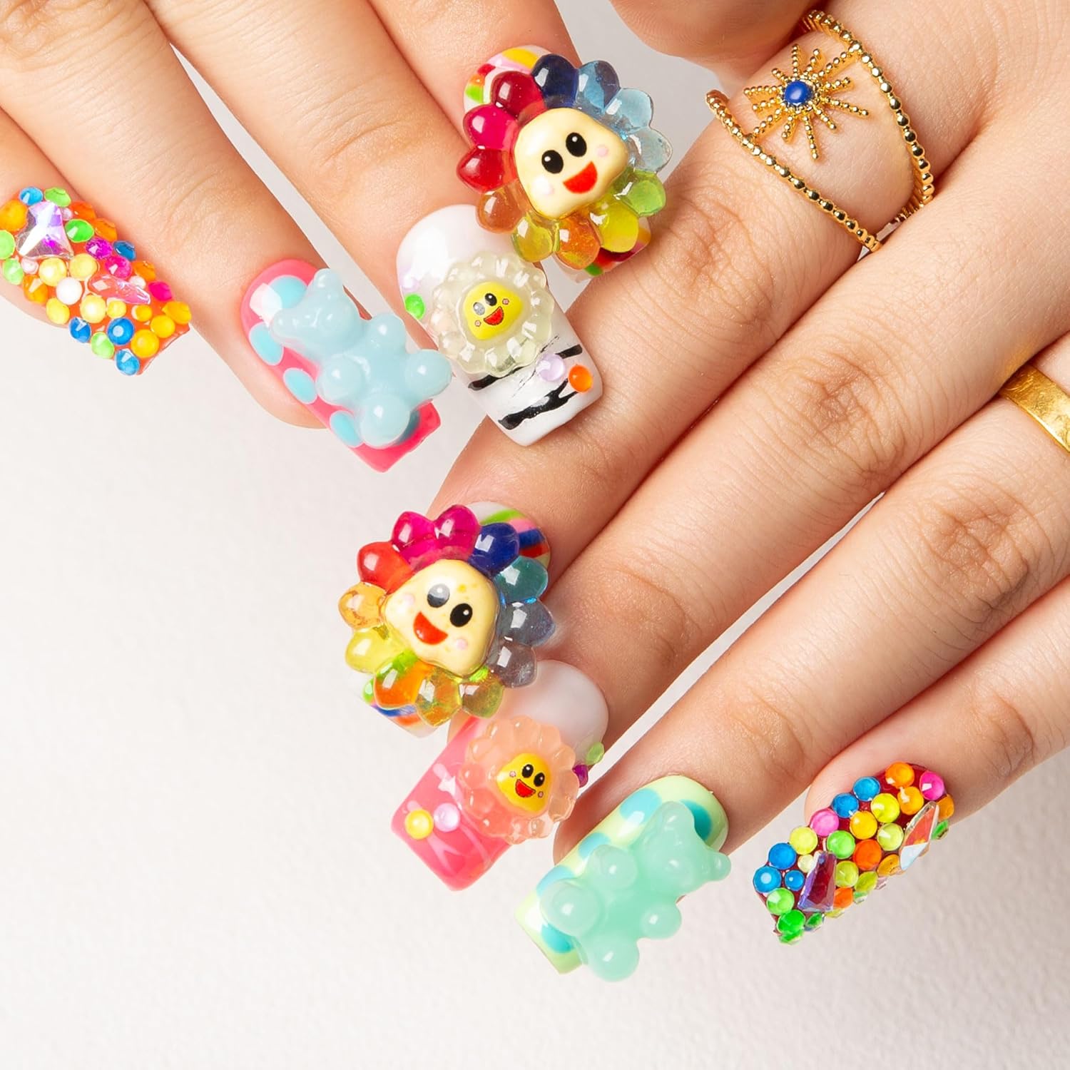 LOVFUL Press on Nails with Lovkashi Flower Design | Handmade with Full Covered Crystals | Reusable Fake Nails | Square Regular 1.0 in | H65-L