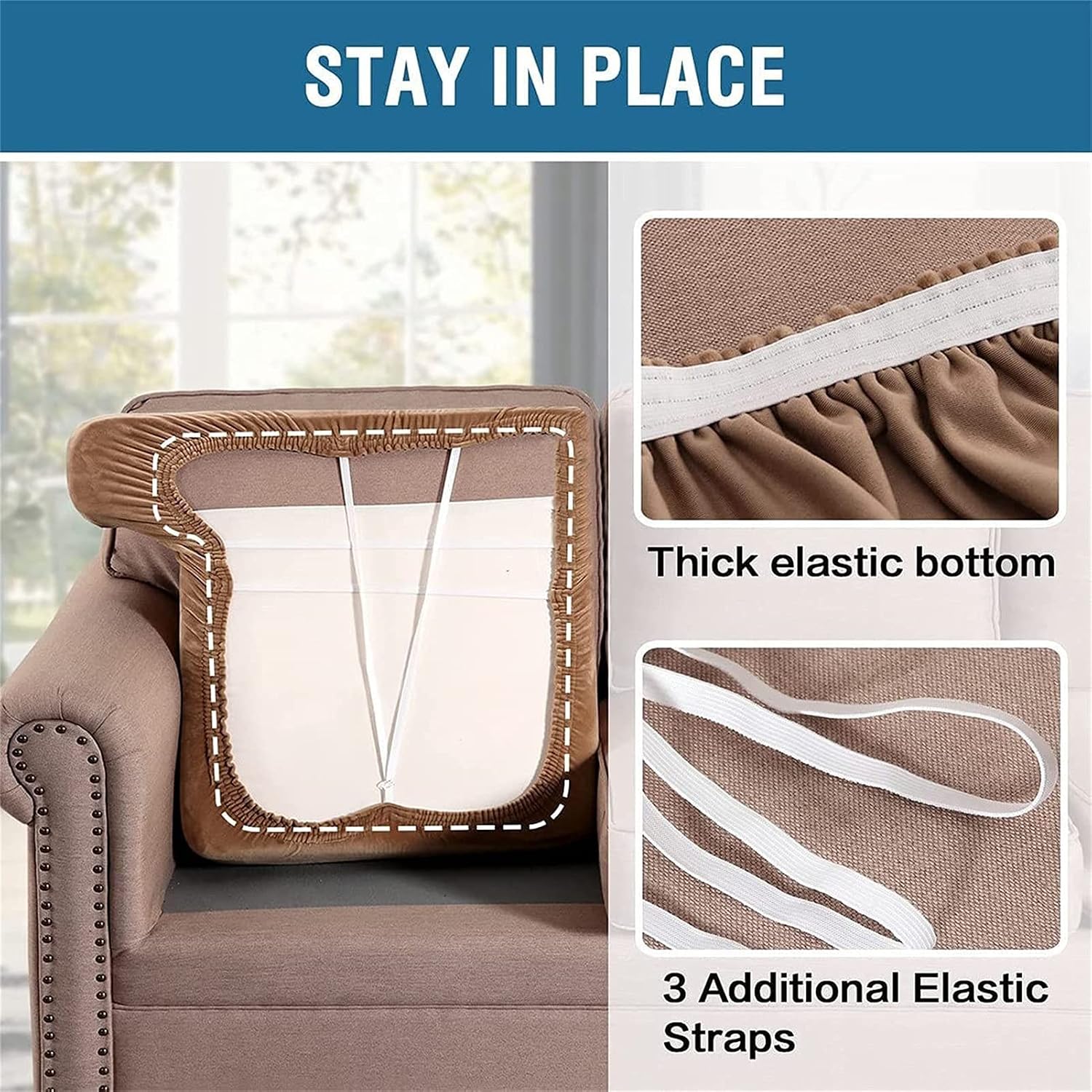 Stretch Velvet Non-Slip 2 Piece Sofa Couch Removable Sofa Seat Covers T Cushion Cover with Elastic Bands, Washable Furniture Slipcovers Protector for Kids Pets (Color : Camel)
