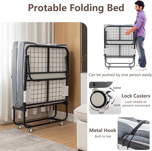 Miniatura 13 de Catre plegable con colchón de espuma viscoelástica, marco de metal de 75 x 38 pulgadas con ruedas, cama plegable que ahorra espacio, color negro