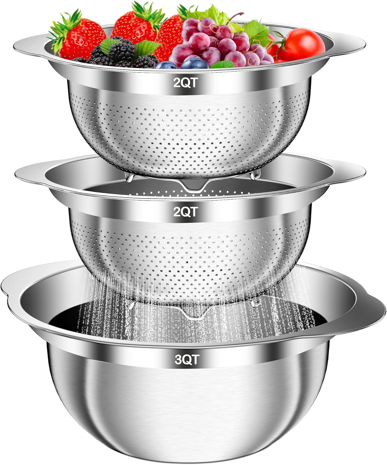 Stainless Steel Colander, 3Pcs Strainer for Kitchen Food with Handle Kitchen Gadget Food Strainer Basket for Washing Vegetables, Fruits, Rice, and Pasta, (2+2QT Colander + 3QT Mixing Bowl) Stainless Steel Colander, 3Pcs Strainer for Kitchen Food with Handle Kitchen Gadget Food Strainer Basket for Washing Vegetables, Fruits, Rice, and Pasta, (2+2QT Colander + 3QT Mixing Bowl)