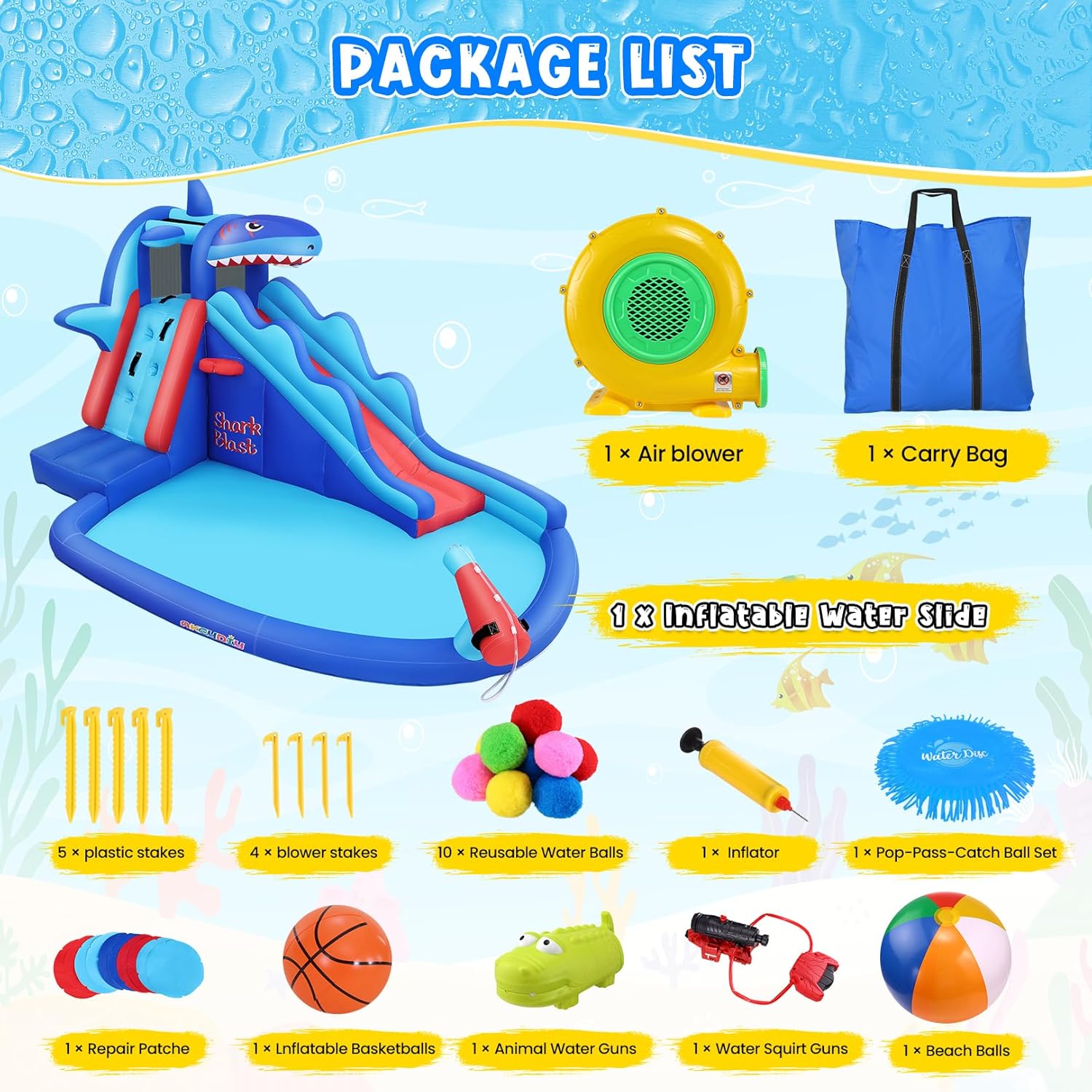 AKEYDIY Inflatable Water Slide Bounce House,Shark Water Bouncy House with Slide for Big Kids 3-12, Water Park Outdoor/Indoor Water Slide for Backyard Party with Climbing Wall&Long Slide&Splash Pool