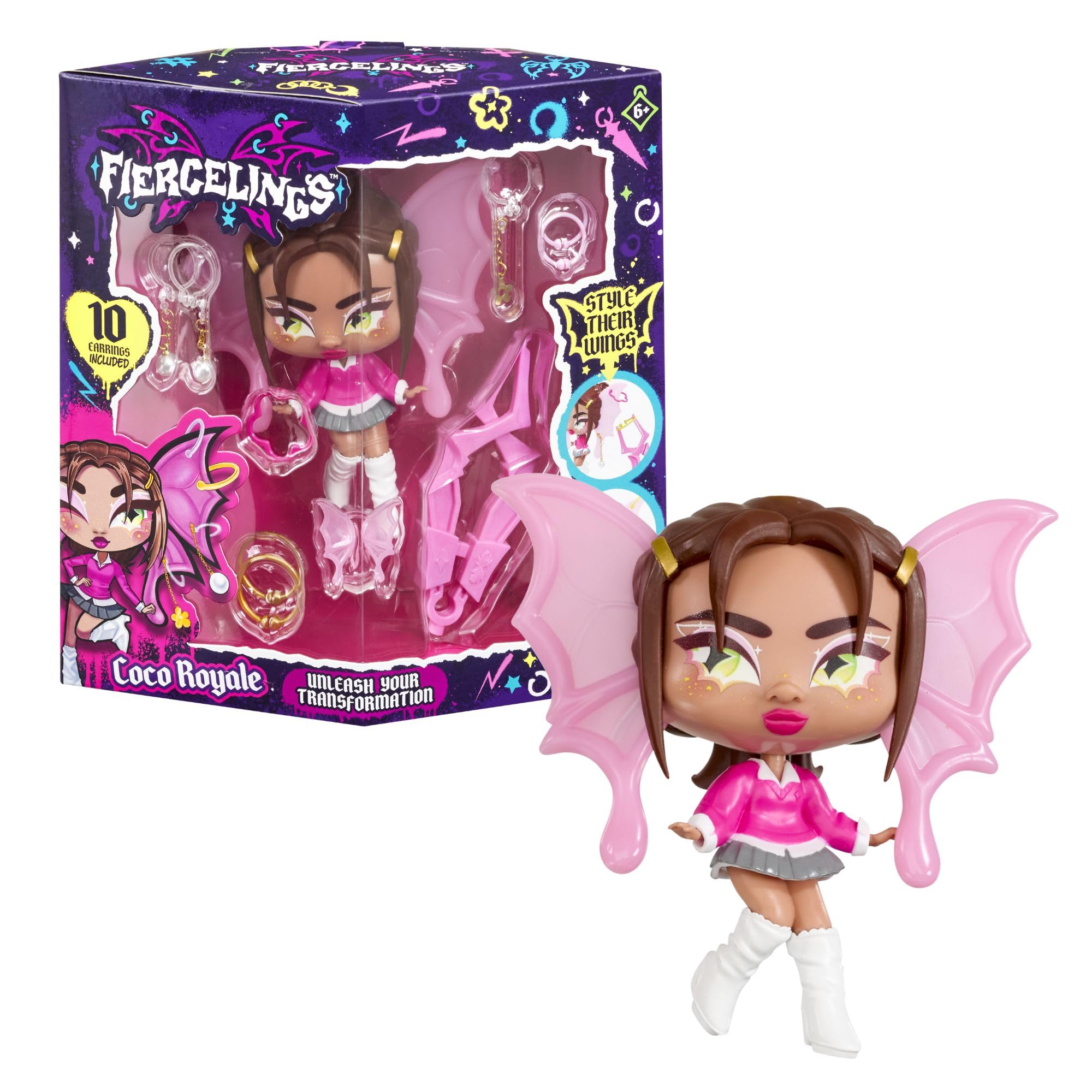 Goliath Fiercelings Coco Royale | Style Their Wings & Collect Them All! Customizable Doll with 10 Earrings & Magic Piercing Tool Included | Gifts for Kids Ages 6+