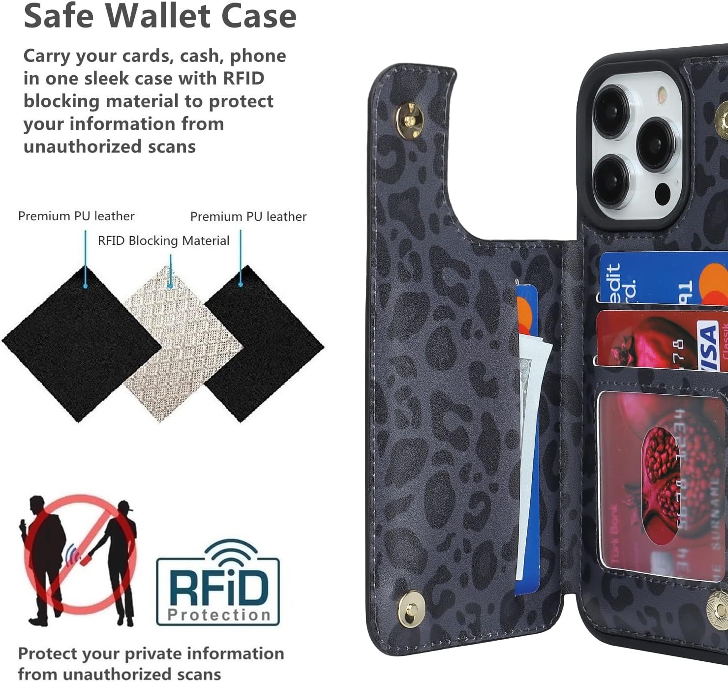 iCoverCase Compatible with iPhone 14 Pro Max Phone Case with Card Holder, Wallet Case for Women Men RFID Blocking PU Leather Protective Case 6.7 Inch (Black Leopard) - Image 4