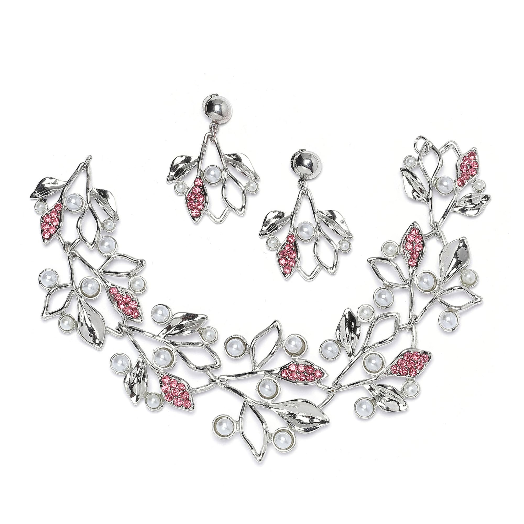 ZENEME Oxidised Silver-Plated Cubic Zirconia & White Pearls Studded Leaf Shaped Necklace With Earrings Jewellery Set For Girls and Women (Pink) (B0CGV6M77Y) Amazon Price History, Amazon Price Tracker