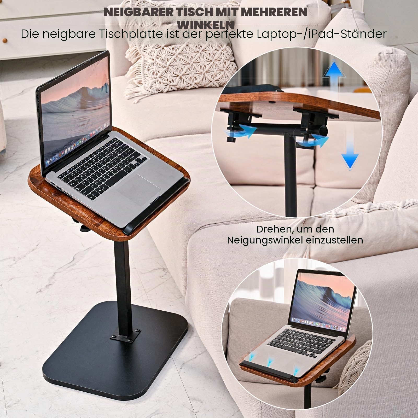 C-Tisch-Beistelltisch höhenverstellbar Laptop-Tisch für Couch, Bett, Leseecke C-förmiger Beistelltisch für Couch 360° drehbarer TV-Tablett Couchtische, die darunter gleiten (Rustic Brown)