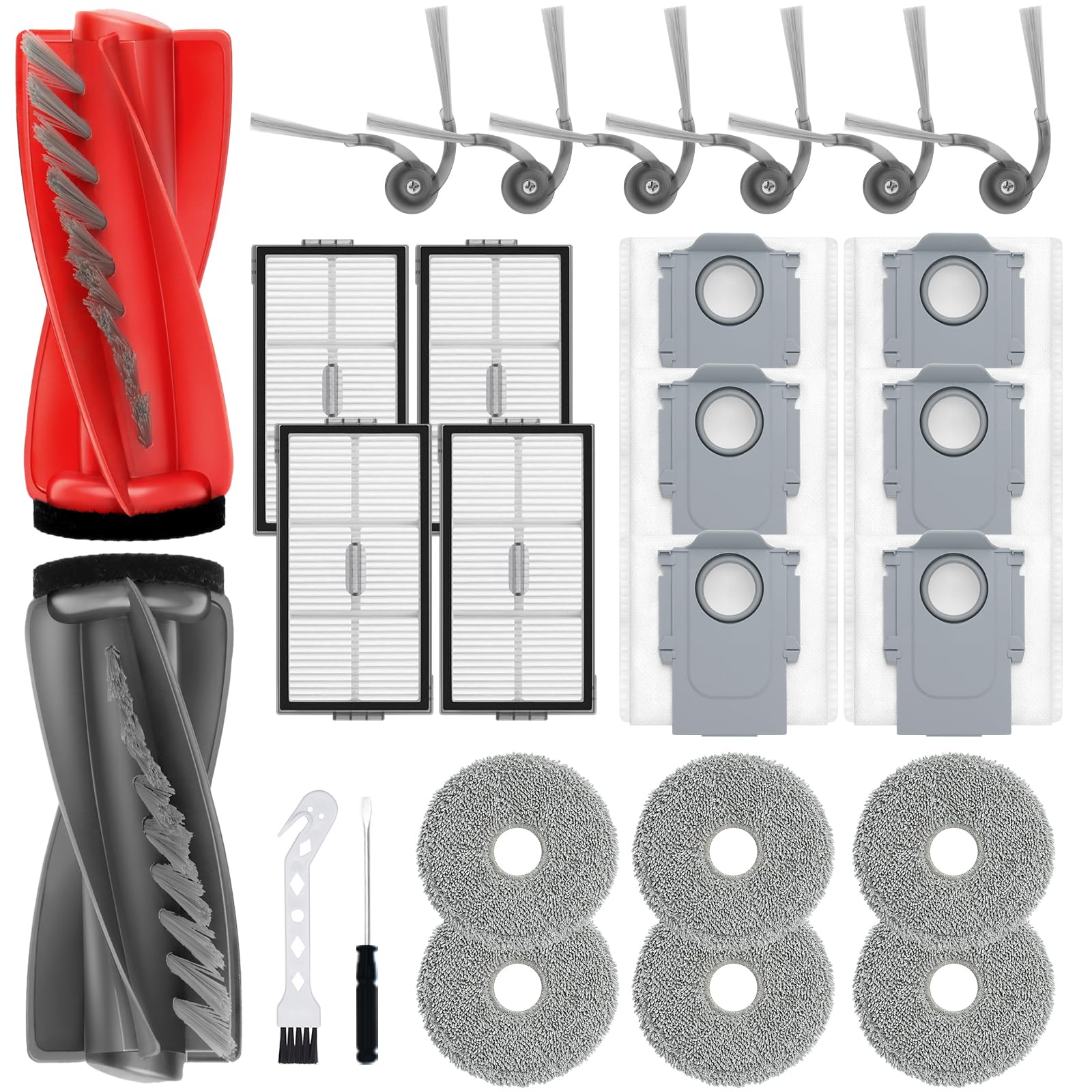 BUXEBUX 26Pcs Replacement Parts Accessories Kit Compatible with for Roborock Saros 10R Robot Vacuum, 2 Main Brush, 4 Hepa Filter, 6 Mop Pads, 6 Side Brush, 6 Dust Bags, 1 Screwdriver 1 Clean Tool