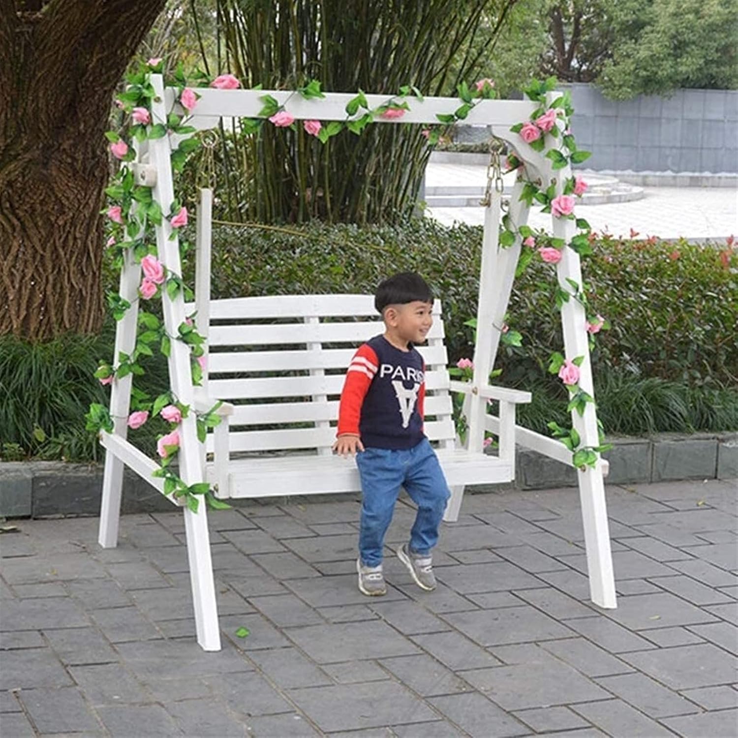 Garden Swing Outside Furniture Outdoor Swing Chair, All Solid Wood Waterproof with Flower Vine Terrace Rocking Chair (Color : Brown, Size : Have Flow (Brown No Flowers)