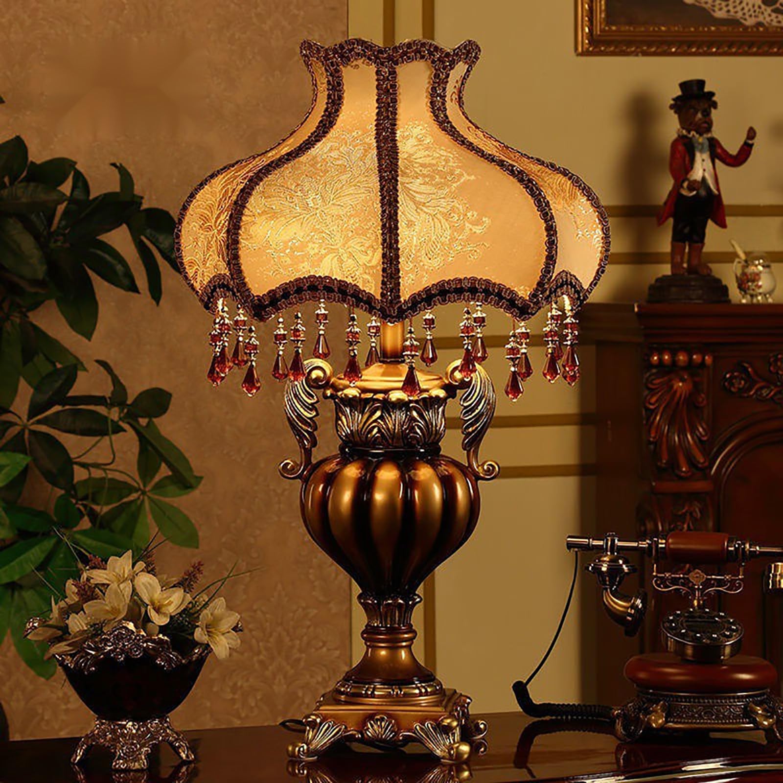 PVYGDXYI Victorian Style Gold Table Lamp,Traditional European Style Table Lamp with Bead,Antique Fabric Bedside Desk Lamp Plug in for Living Room Bedroom Office(31x51cm(12x20inch), A)