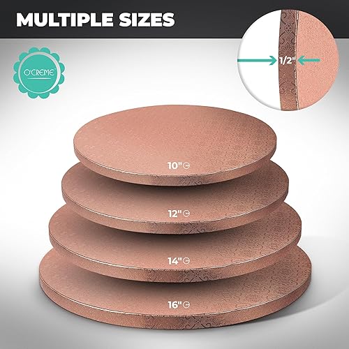 Miniatura 6 de O'Creme Tabla para tartas, círculos redondos de papel de aluminio de oro rosa con diseño magnífico, resistente y duradero, tambores para pasteles de