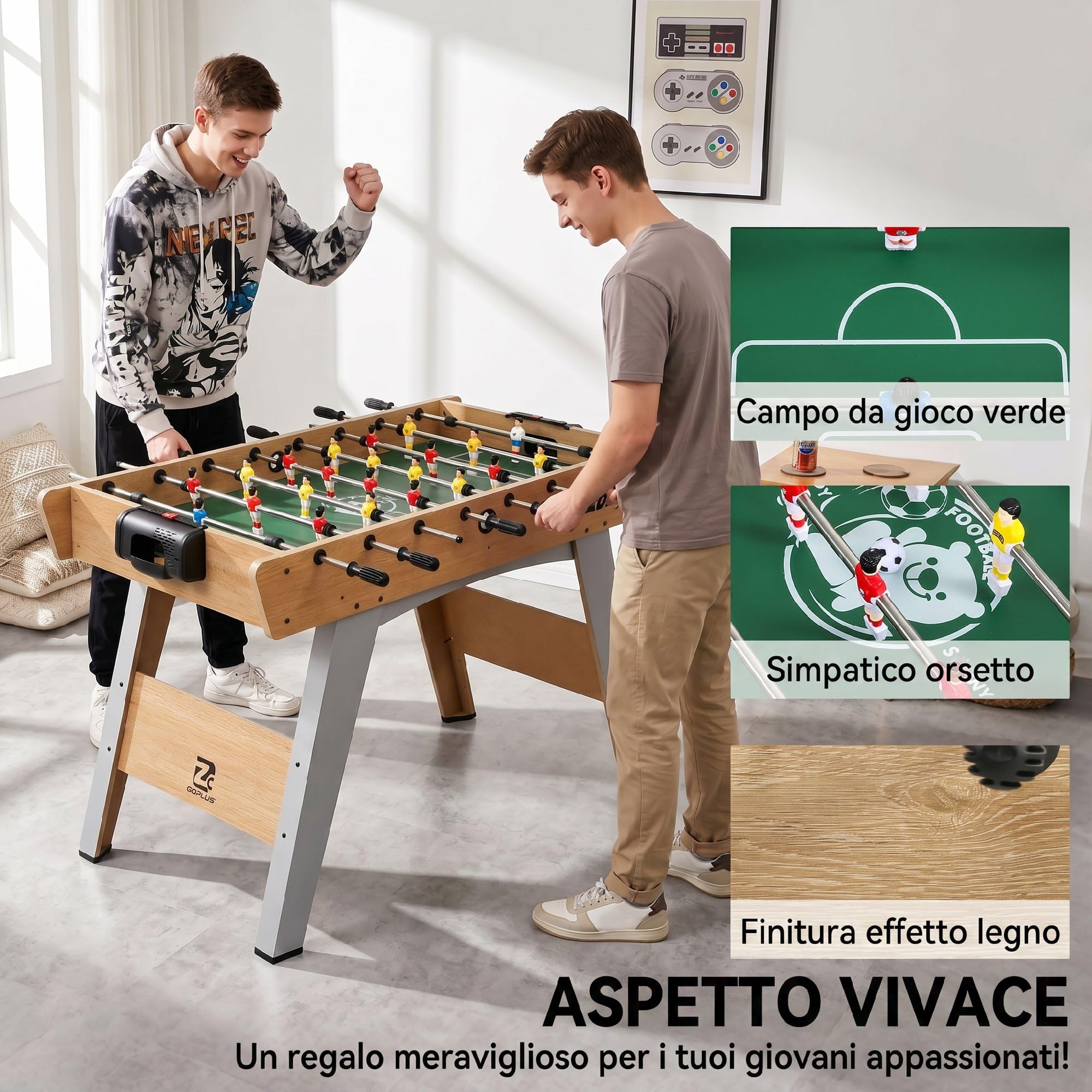 SPORTNOW Calcio Balilla con 22 Giocatori 121x87x77 cm Legno Naturale | 2 Palline, 2 Segnapunti, Maniglie Antiscivolo, Calcetto Balilla, Bigliardino da Casa, Adulti Bambini, Scuola Feste Bar