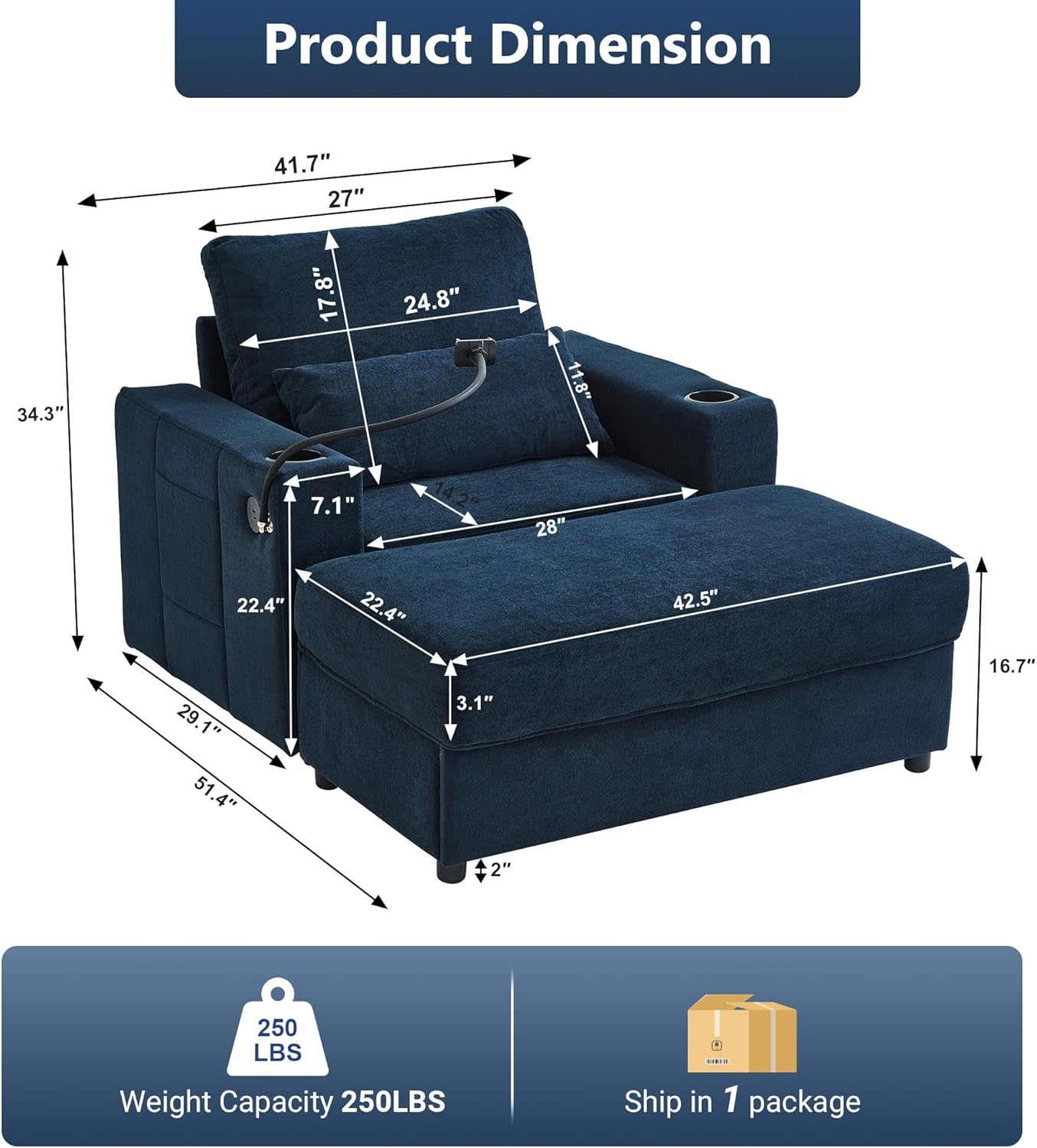 42.5" Chaise Lounge Chair Indoor with Movable Storage Ottoman, Dual USB Ports & Cup Holders, Phone Holder and Side Pockets, Chenille Fabric Sofa for Living Room, Blue