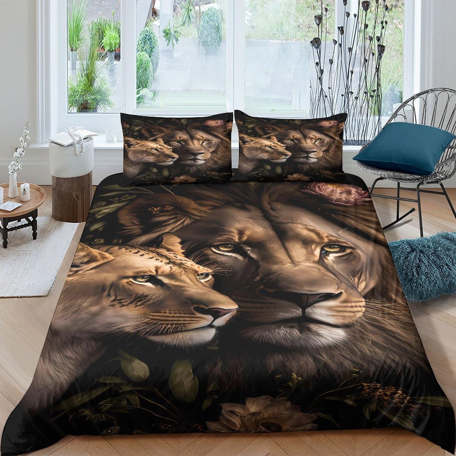 Ctjqhvkz Style-1 3D Printed Lion Couple Fitted Sheet Microfiber Soft Black Brown Bed Cover Anti-Slip Easy Care For Bedroom Guest Room Single（135X200cm）