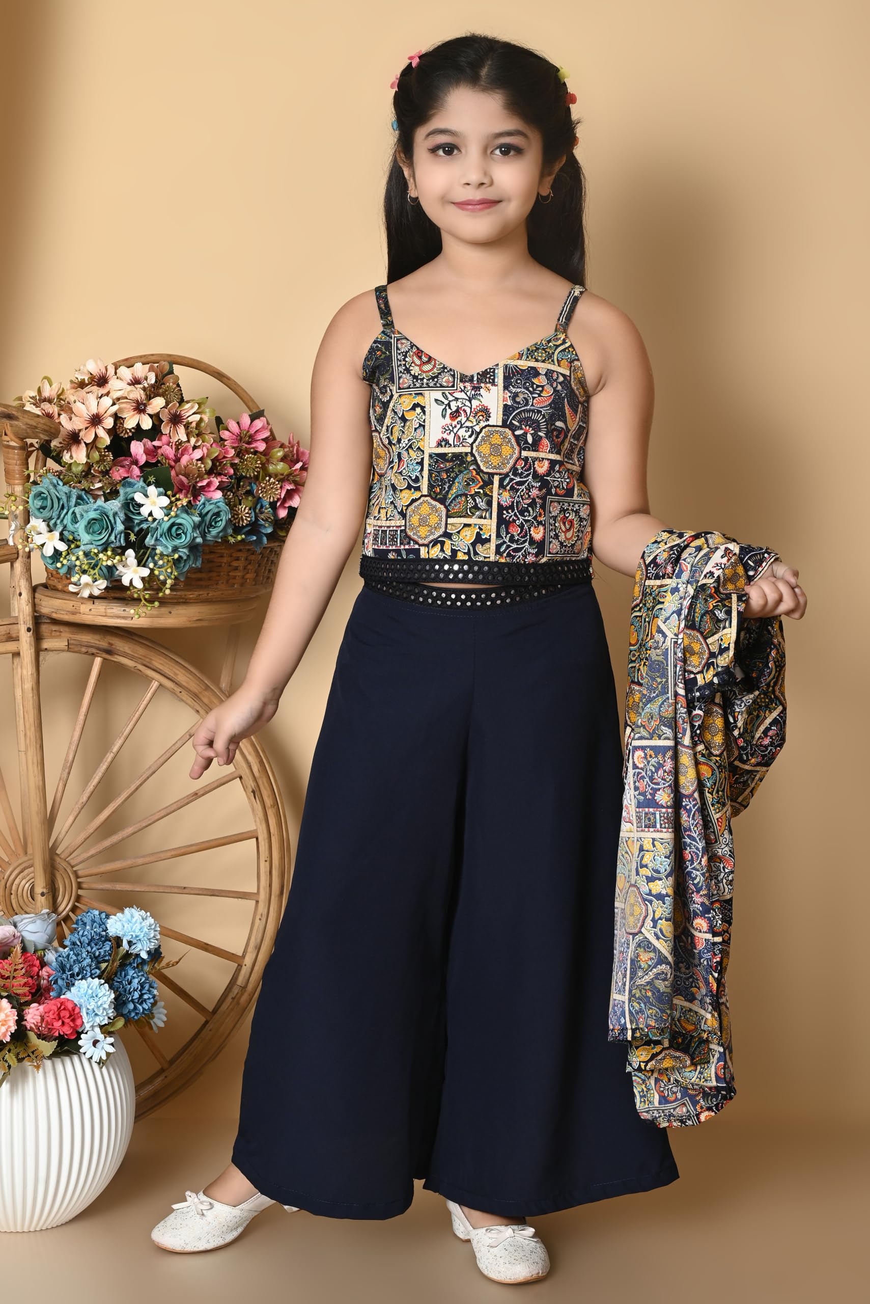SPAMitude - Girls Self Designed Premium Cotton Blend Top Pant Jacket | 3pcs Party Dress for Girls I V Neck Stylish Sleeve Design Dress for Birthday Girl (Navy Blue, 12-13 Years) - Image 3 thumbnail