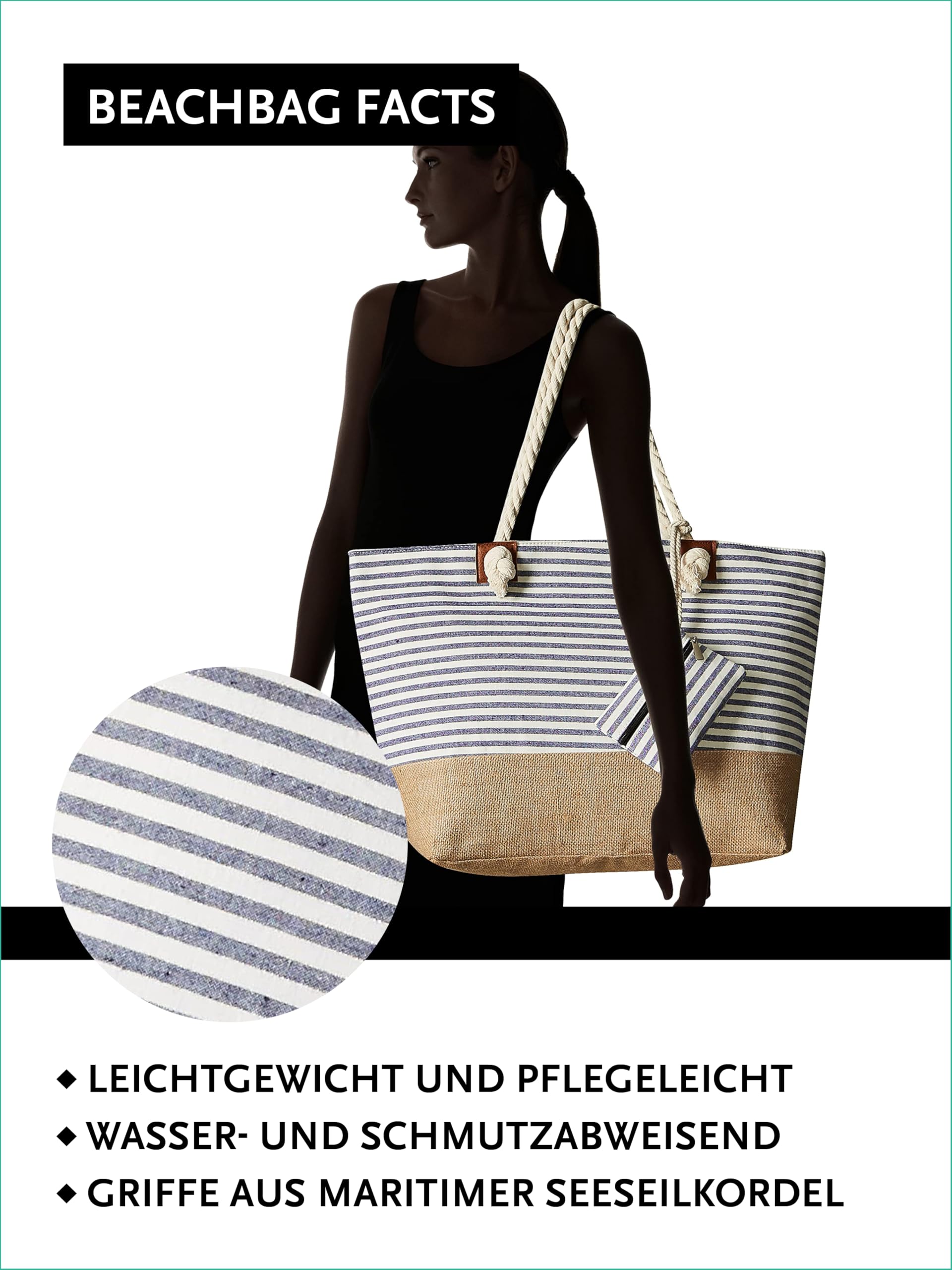 DonDon Strandtasche mit Reißverschluss, Große Strandtasche XXL, Shopper Tasche Damen - Praktische Beach bag Umhängetasche Damen Badetasche für Strand und Meer