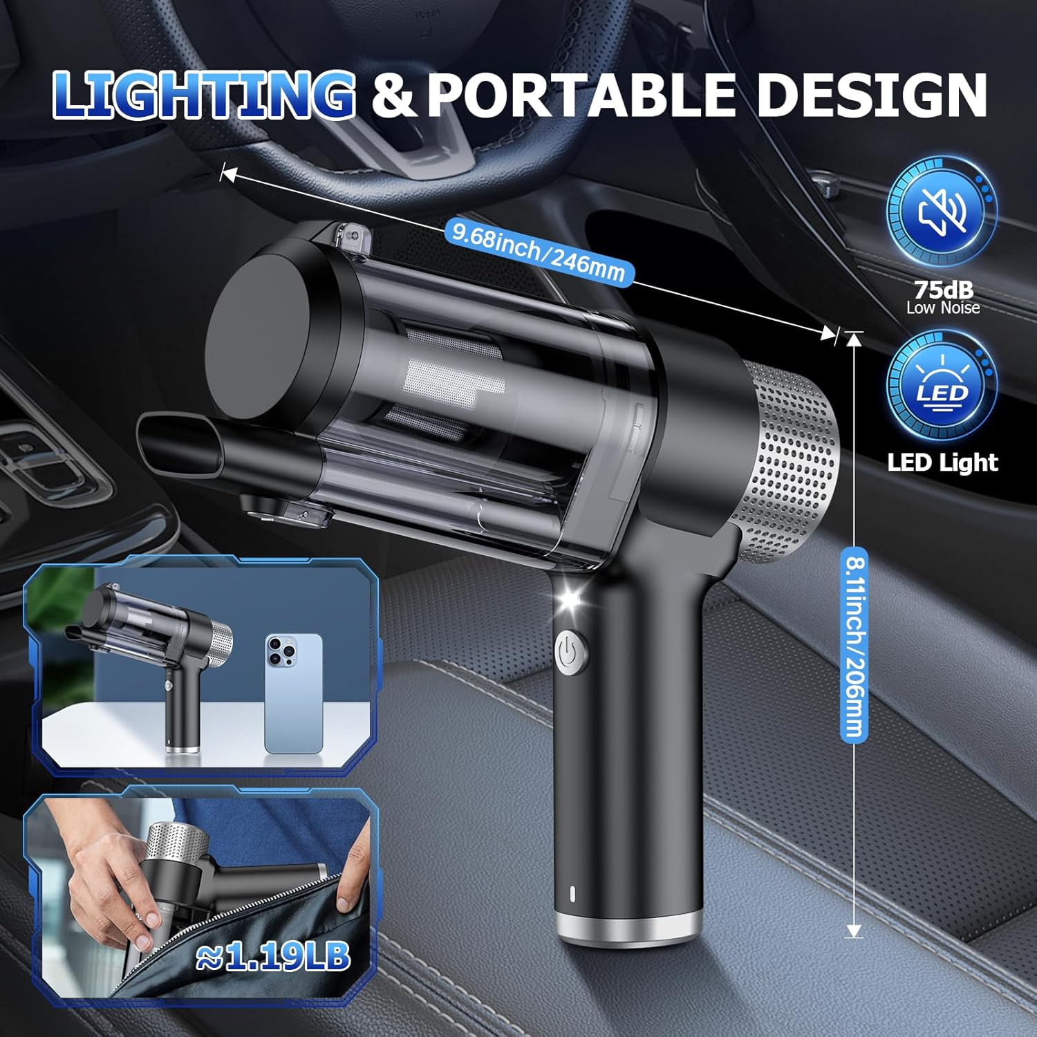 JONYJ Handheld Car Vacuum Cleaner Cordless, 16000PA Hand Held Vacuum Portable, 2 in 1 Air Duster and Mini Vacuum Cleaner Rechargeable with Led, Multi-Nozzles & Washable Filters for Home Office Car Pet - Image 7