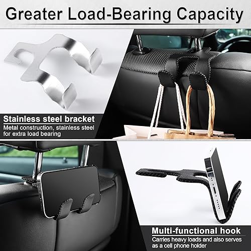 Miniatura 4 de LivTee Gancho de cuero mejorado para reposacabezas de asiento de automóvil, 2 en 1, organizador de ganchos de asiento de automóvil, accesorios Negro