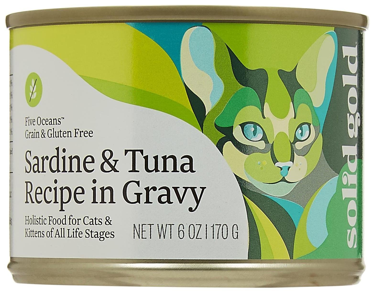 Solid Gold Wet Cat Food Shreds in Gravy - Canned Cat Food Made w/Real Tuna & Sardine - Five Oceans Grain Free 8ct/6oz Can