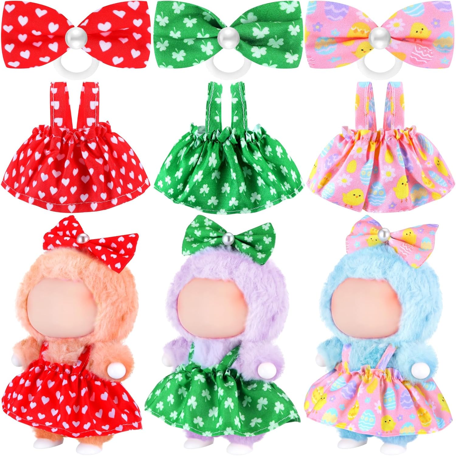 Simgoing 3 Pack Easter 17cm Doll Clothes Set Cute Pink Easter Egg Green Clover Red Heart Outfit for Valentine St. Patrick's Day Dressed up Doll Accessories