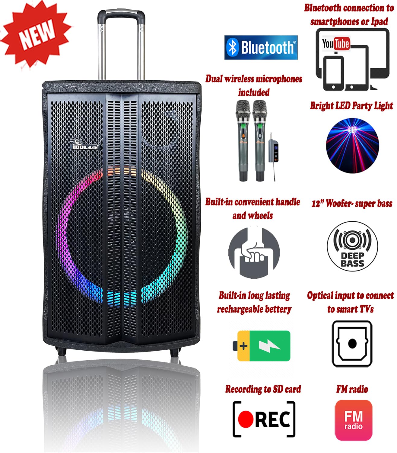 IDOLmain IPS-DJ09 Professional Portable Rechargeable Party Speaker 1500W with Dual Wireless Microphones