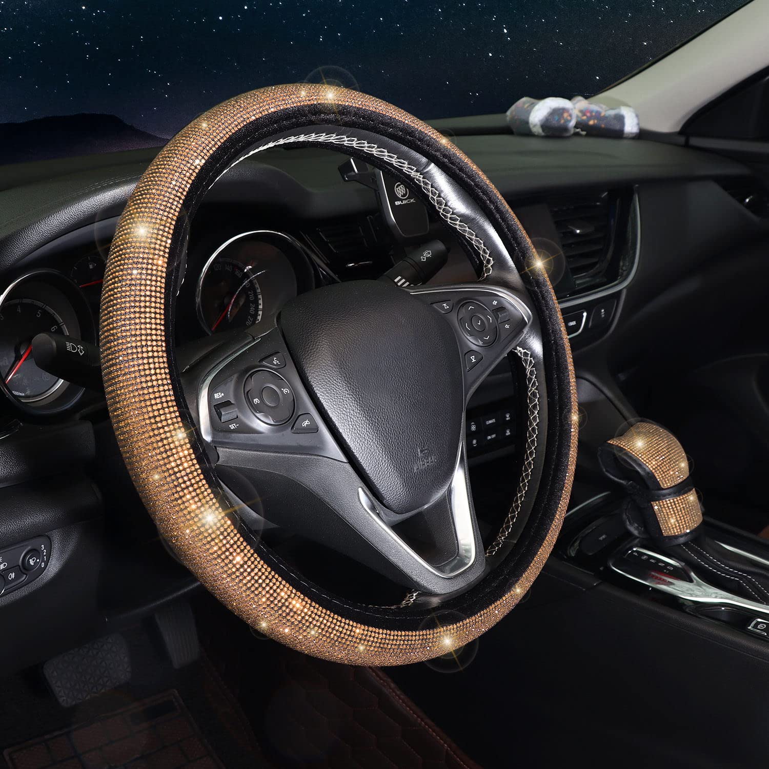 ToBeQueen Steering Wheel Cover Set - 15 inch, 7 Pack Crystal Rhinestone Diamond Bling Car Accessories - Seat Belt Cover, Gear Shift Push Start Button Cover, Cup Coasters, Champagne Gold