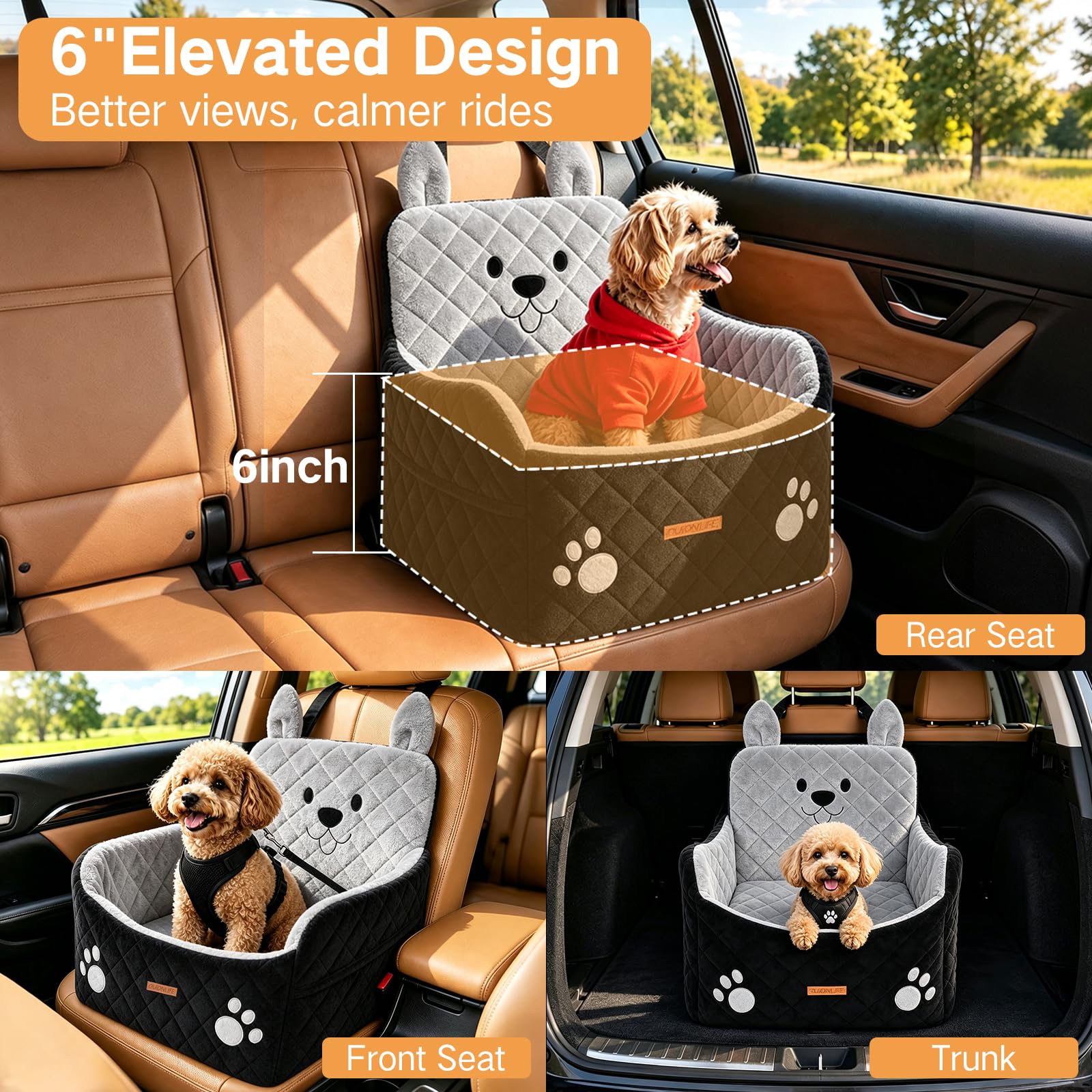 Seggiolino Auto per Cani Piccoli e Medi fino a 16 kg | Rialzato di 15 cm, con cuscino ad alta densità, fodera lavabile, cintura di sicurezza e uso come cuccia da viaggio