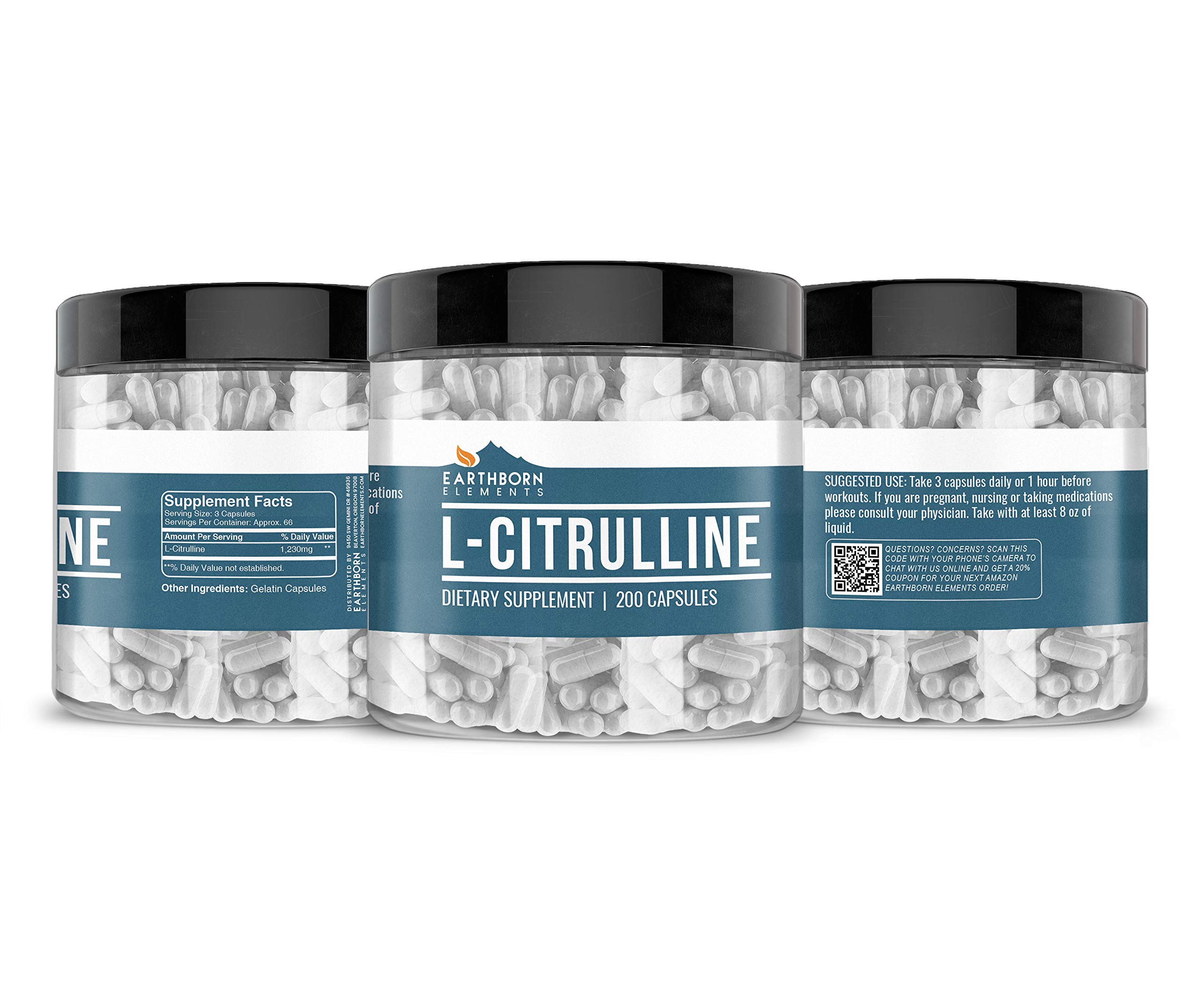 Earthborn Elements Naturally Sourced L-Citrulline, 200 Capsules, Lab-Tested, No Stearates or Rice Fillers