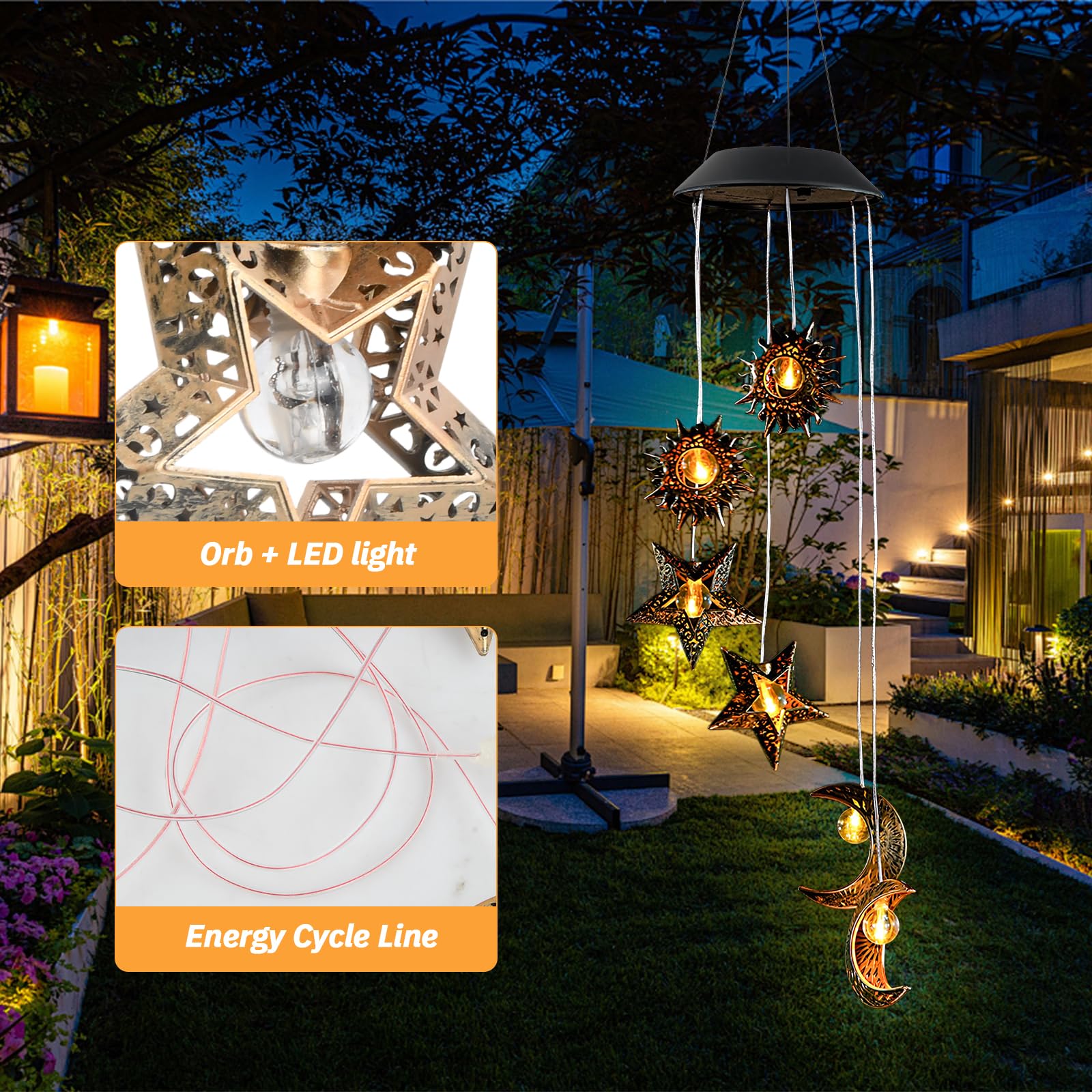 Campane a Vento Solari Esterno LED – Luci Solari Decorazioni da Giardino con Sole Luna Stelle – Impermeabili, Scacciapensieri da Appendere per Terrazzo Balcone Patio Giardino