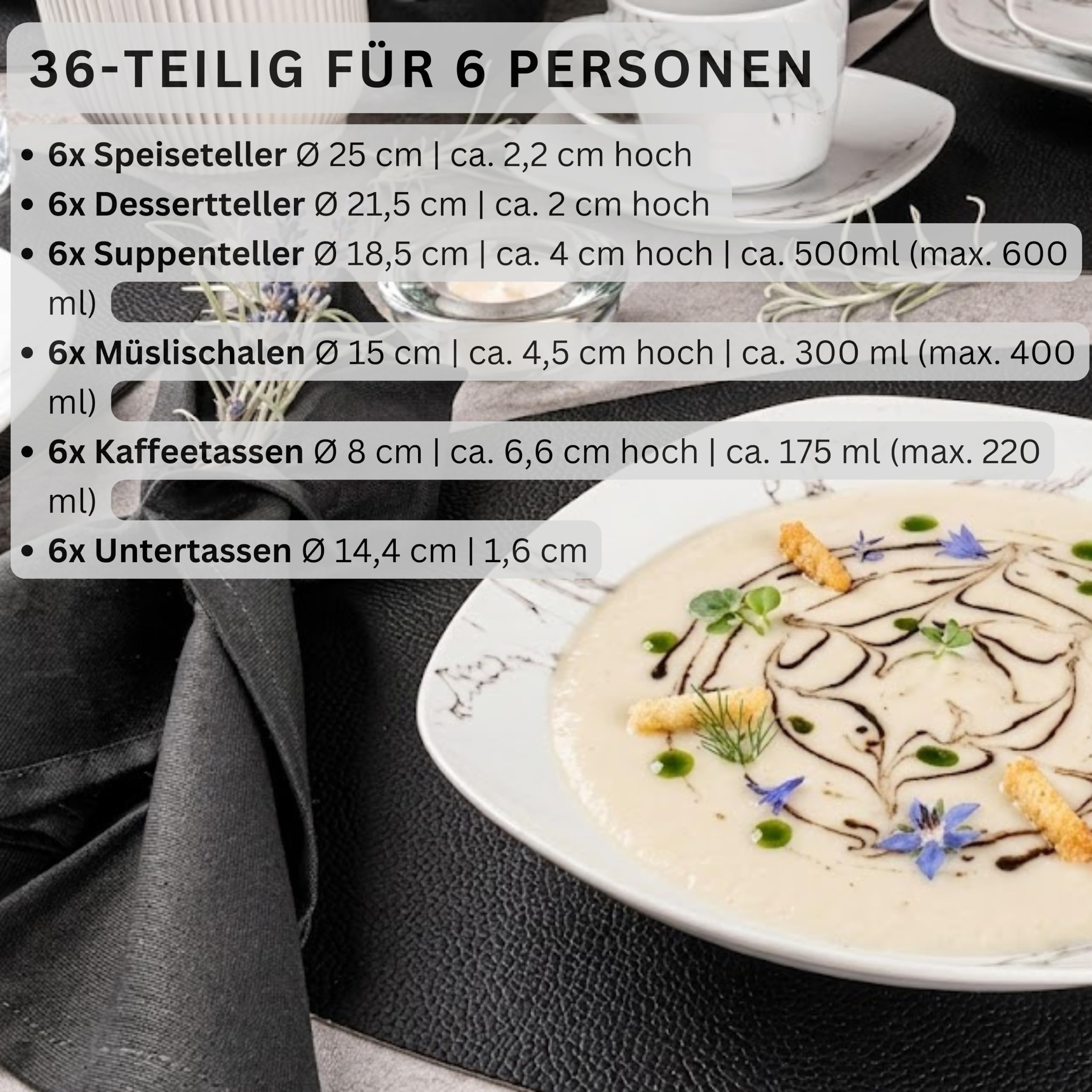 SÄNGER | Kombiservice Bilgola Marmor, 36-teiliges Geschirrset für 6 Personen mit Speise-, Dessert-, Suppentellern, Müslischalen, Kaffee- und Untertassen aus Porzellan, Eckig | PREMIUM COLLECTION