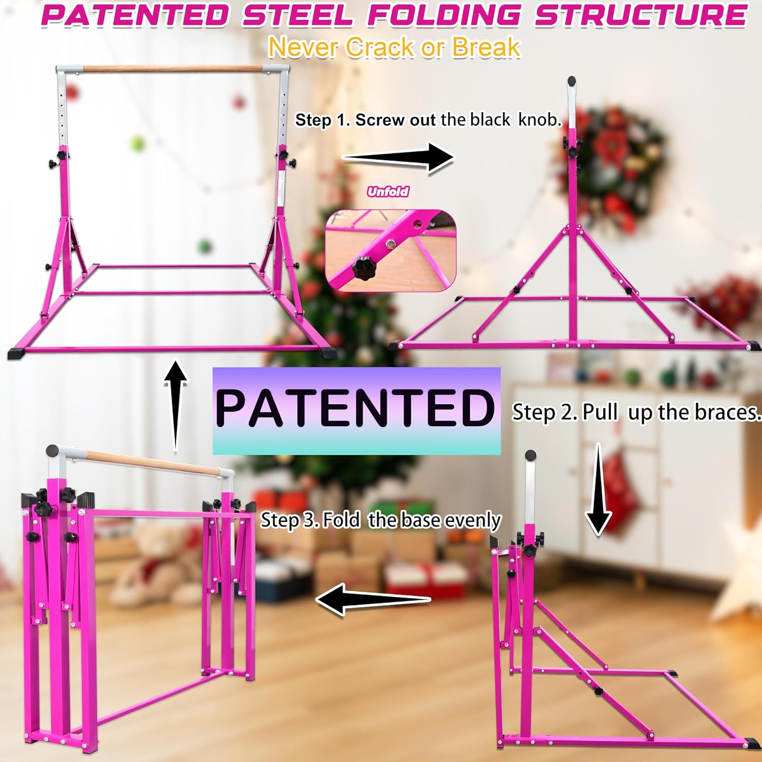 PreGymnastic Foldable Gymnastics Bar, 5.6FT Folding Horizontal Bars for Kids Ages 3-12, Weight Limit 350 LBS, Adjustable kip Bar, Children Home Gym Equipment Indoor