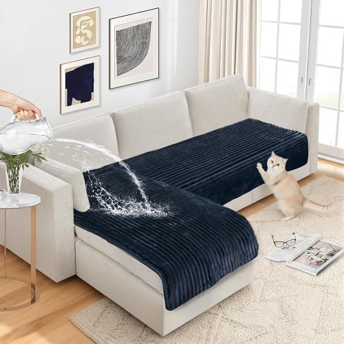 Vista 7 de NAISI Fundas de sofá para perros, funda impermeable de franela a rayas para sofá, apta para mascotas, lavable, protector antideslizante para sofá