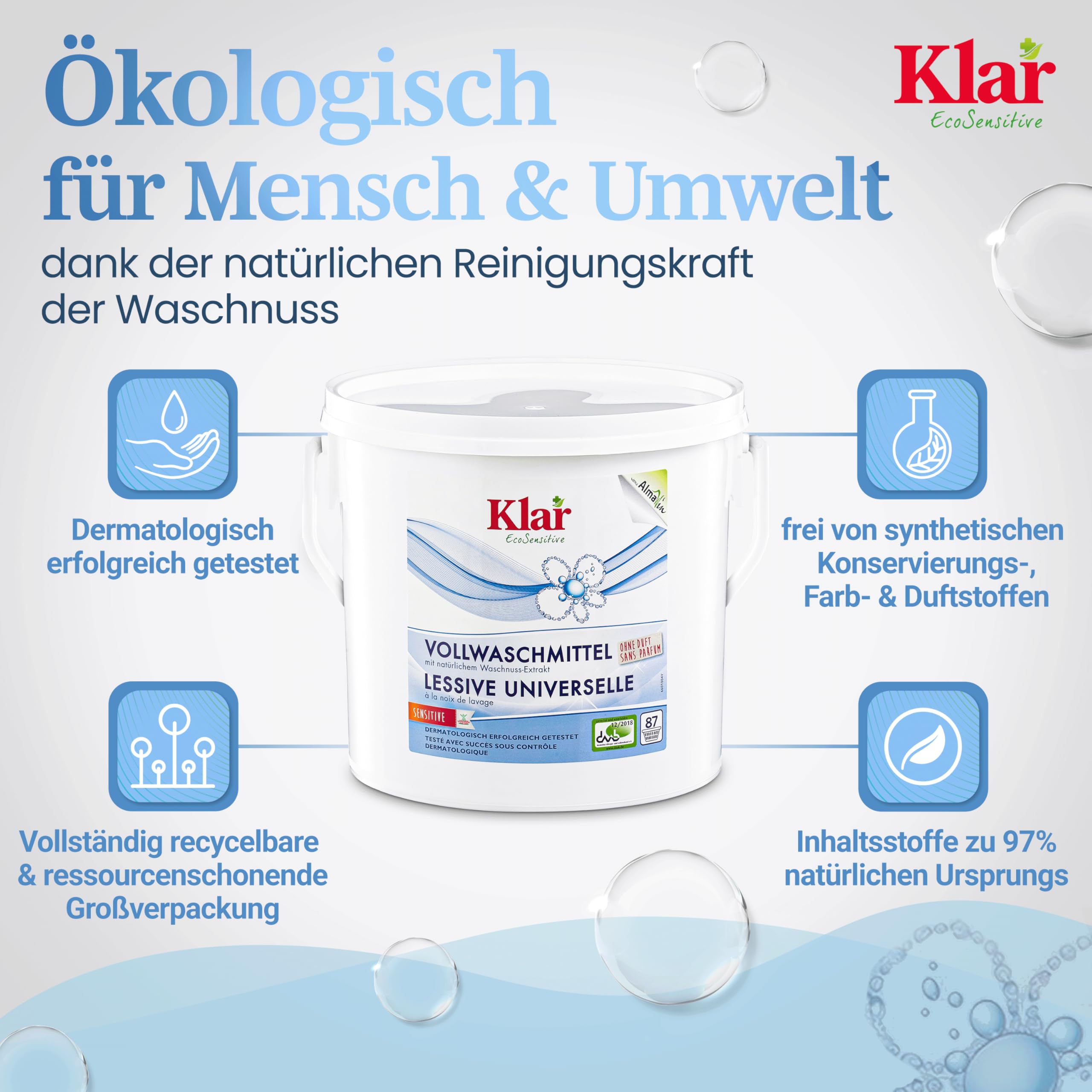 Klar Vollwaschmittel Pulver Sensitive 4,4kg - 80 Ladungen - Allergiker Waschpulver ohne Duft - Bio Waschmittel Pulver mit natürlichem Waschnuss Extrakt - VEGAN & Enzymfrei