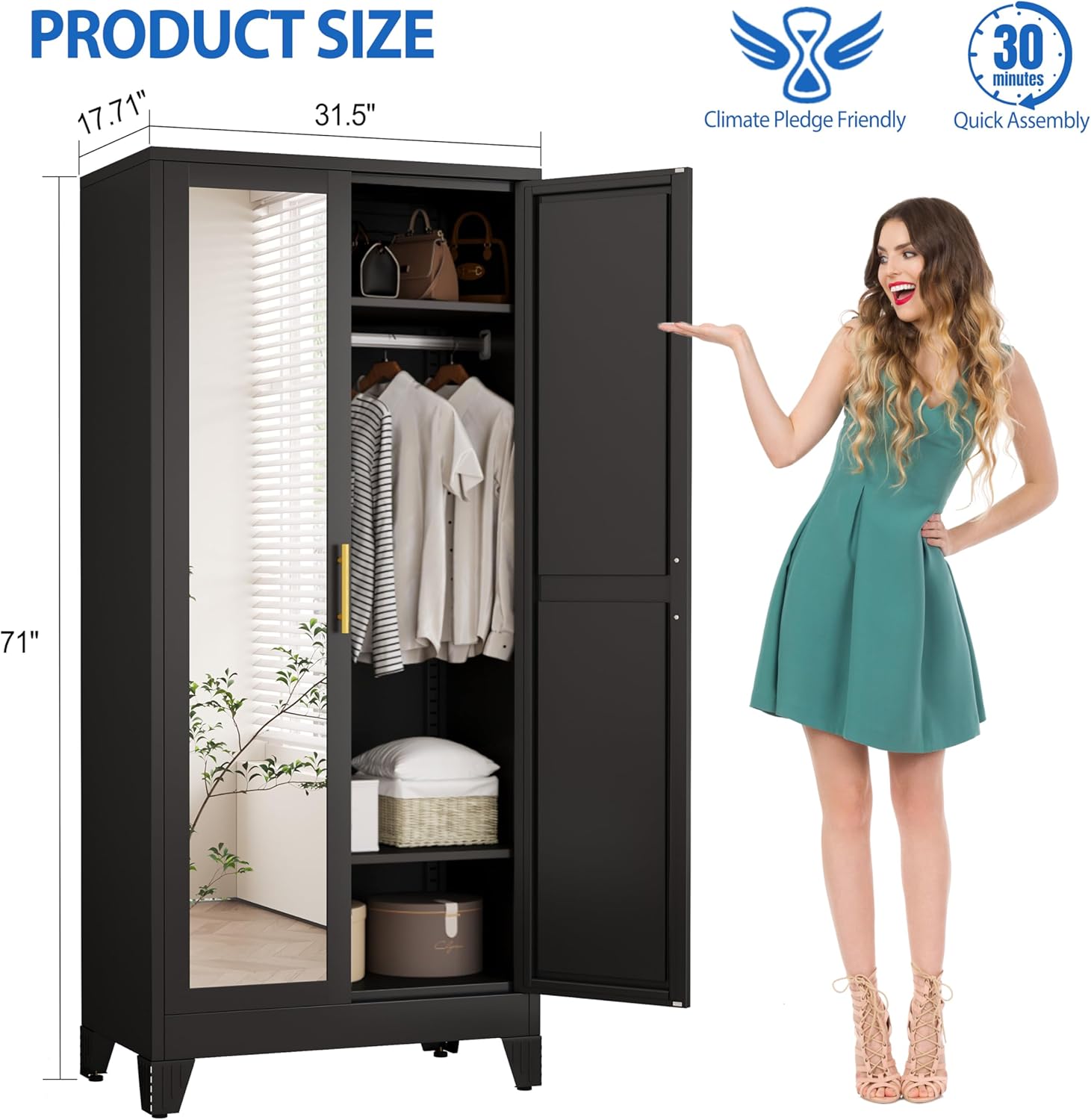 GAIOUS Metal Wardrobe Cabinet with Mirror, showing a person checking their reflection.