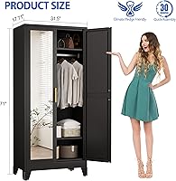 Vista 2 de Armario de almacenamiento de metal con espejo y barra para colgar, 71 pulgadas, con 2 puertas y estantes ajustables, armario color negro para Sin